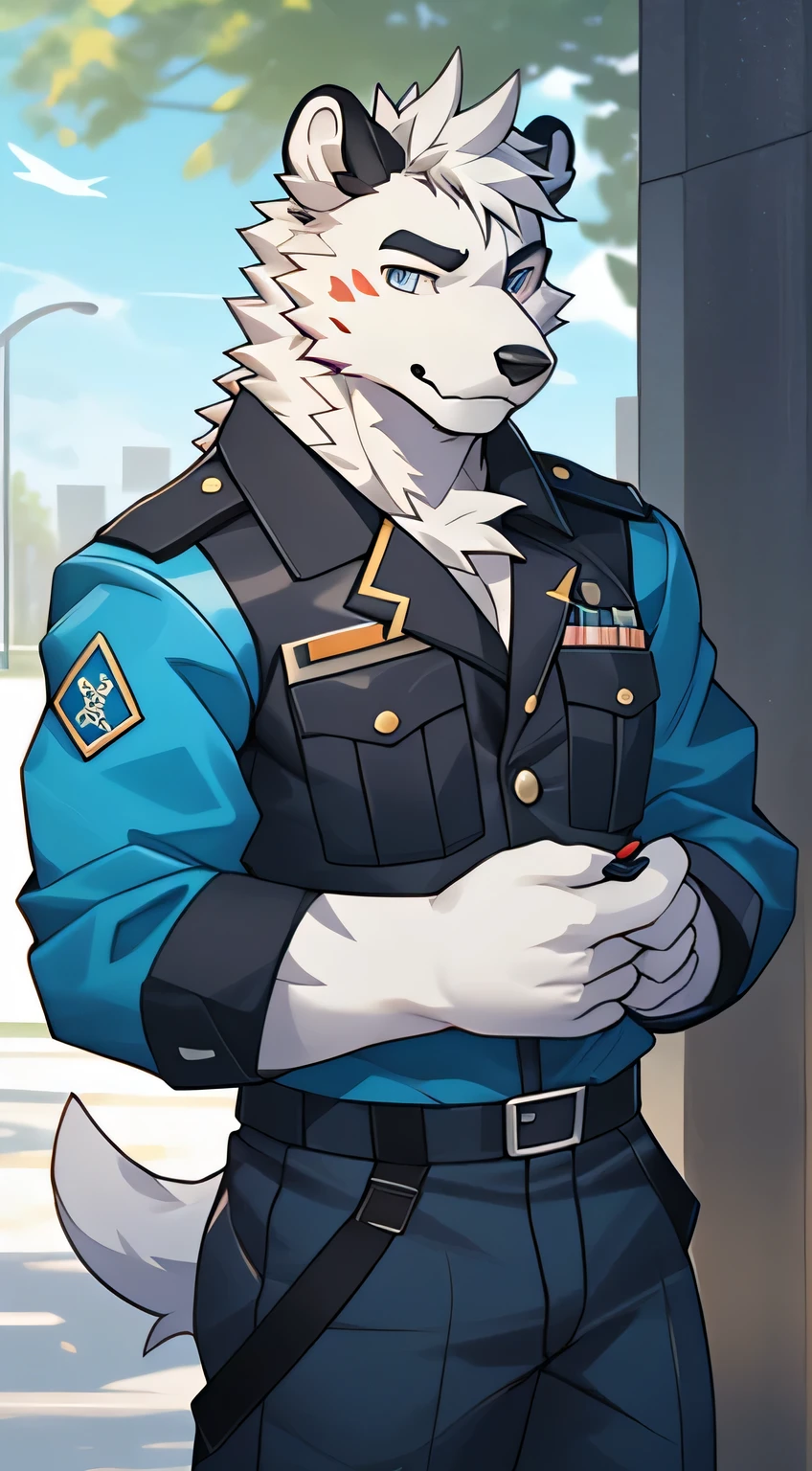 polar bone, police, muscular, blue eyes, blushing