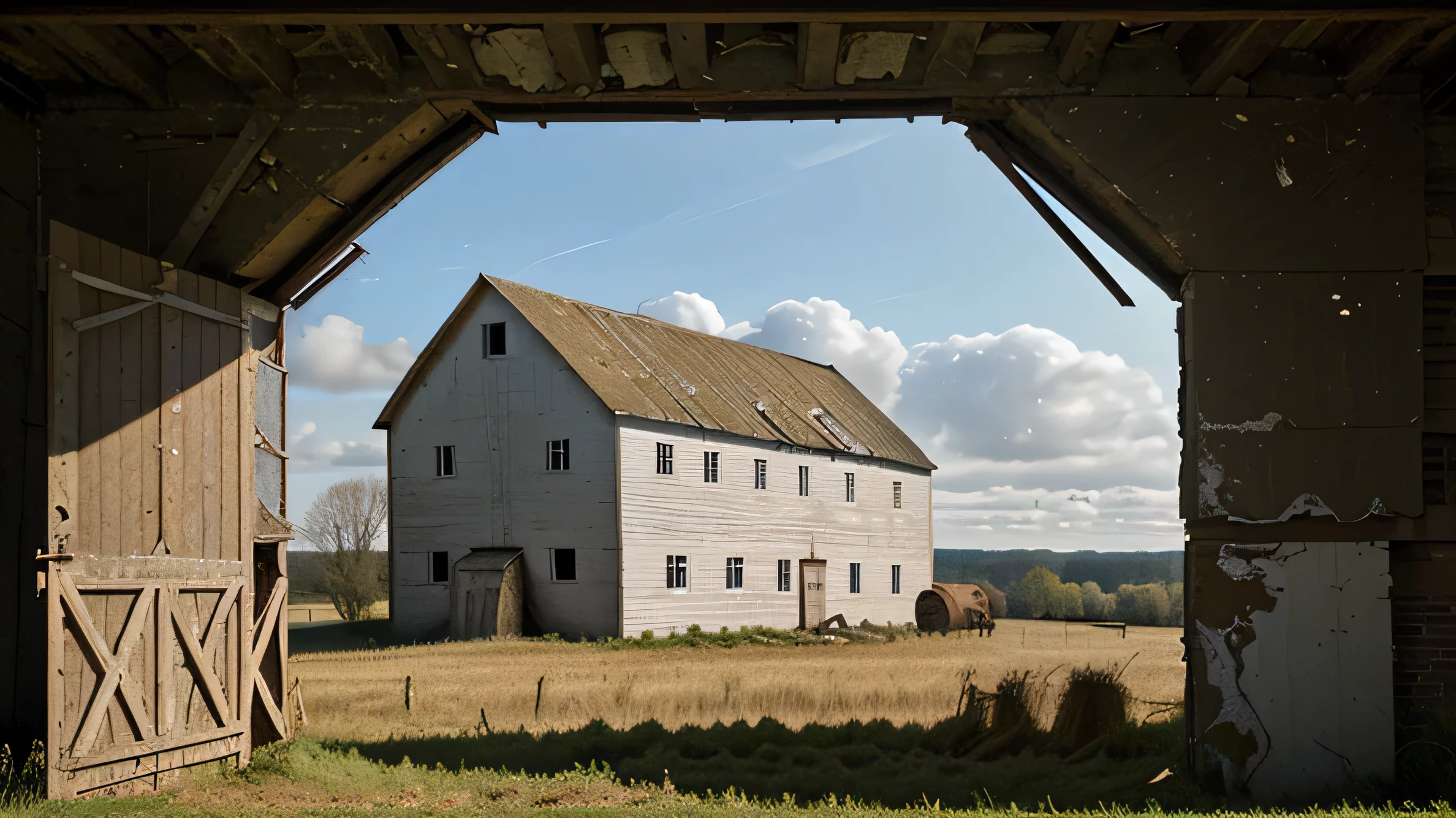 andrew wythe style, close up of very old delapidated barn in a field, silo behind the barn, barn is falling down