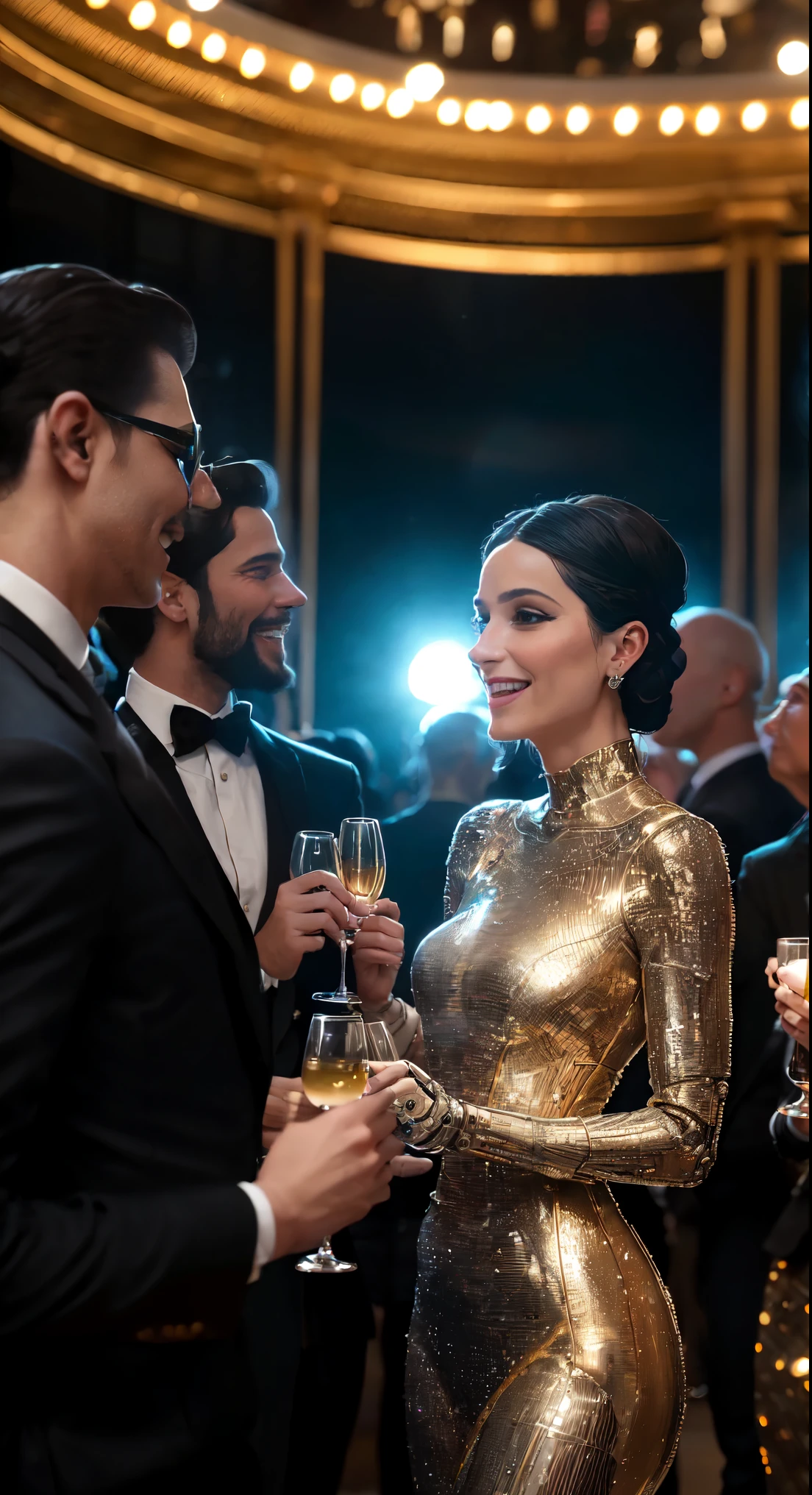 At a charity party in a splendid hall, the assembled society is represented by elegant ladies in exquisite evening gowns that sparkle with chandelier lights and are reflected in the mirrored walls. They are chatting and laughing merrily, raising champagne glasses as a sign of a joyful event.

Among the guests you can see solid men, gesticulating and socializing with others, demonstrating their wealth and influence. Their confident movements and humble smiles dilute the atmosphere of airy lightness and confidence in the future.

Among the crowd of society's capital there are extraordinary figures - anthropomorphic cyborgs beyond the eye. They look almost indistinguishable from ordinary people, their metallic details shimmering with light, creating a mysterious and even slightly mystical impression. But their presence only adds charm and surprise to the evening, coloring the general carnival with bright colors of a rich and joyful mood, best quality, high quality, absurdity, masterpiece, Beautiful, complex parts, 1/2 body crops, slender body, Beautiful figure, Magnificent Anatomy, (complex parts:1.12), HDR, (complex parts, hyper detail:1.15), (natural skin textures, hyperrealistic, Soft light, spicy:1.2)