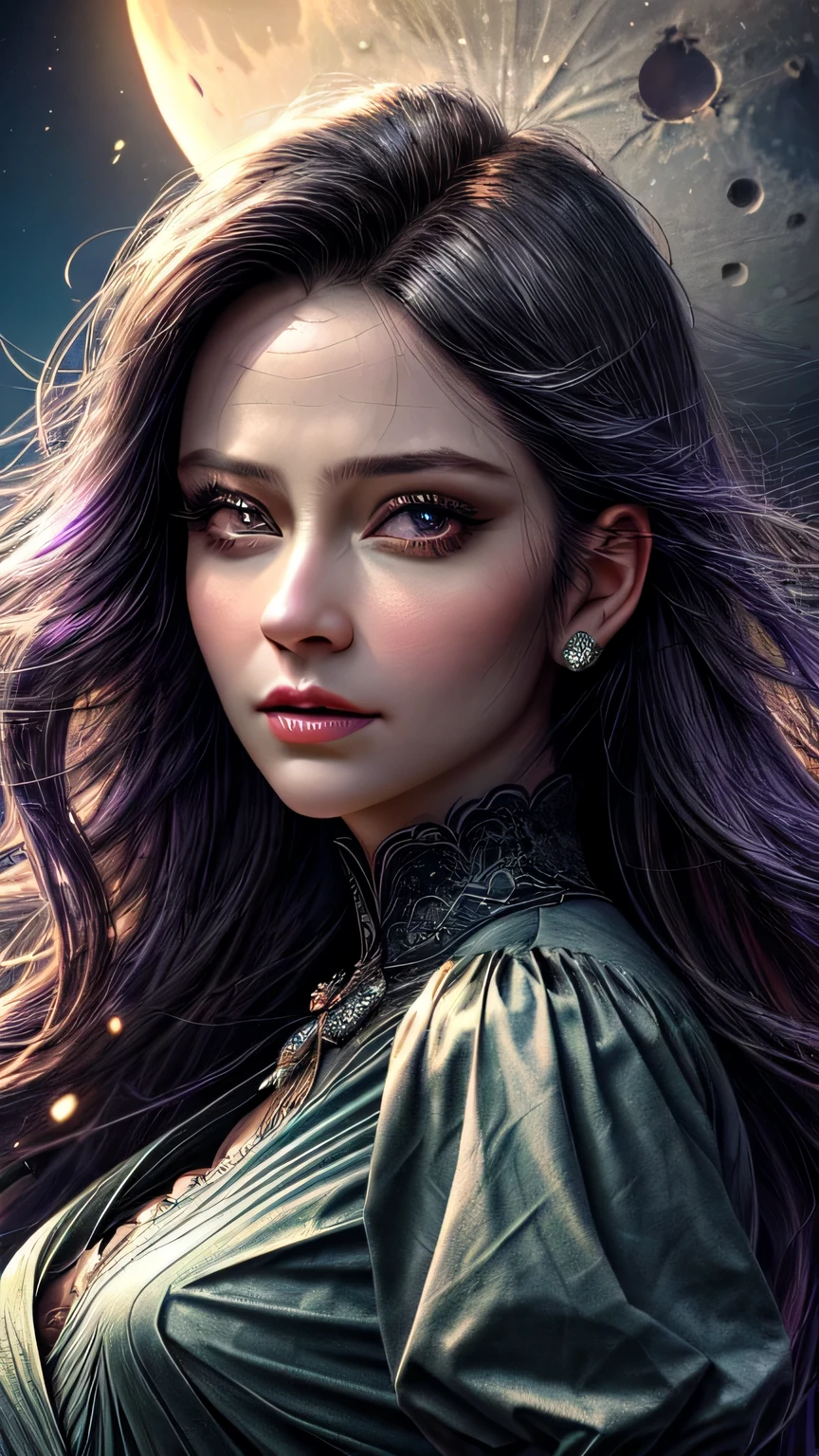 very beautiful princess black eyes, Portrait of a 35 year old mature woman, serious expression, Super realistic, Super detailed, Dynamic facial expressions, big natural breasts, pastel purple dress, Dense and beautiful black eyes, beautiful detailed lips, highly detailed eyes and face, long eyelashes, detailed face, masterpiece, 最high quality, high quality, High resolution, (moonlit night background), Here&#39;s your point of view、