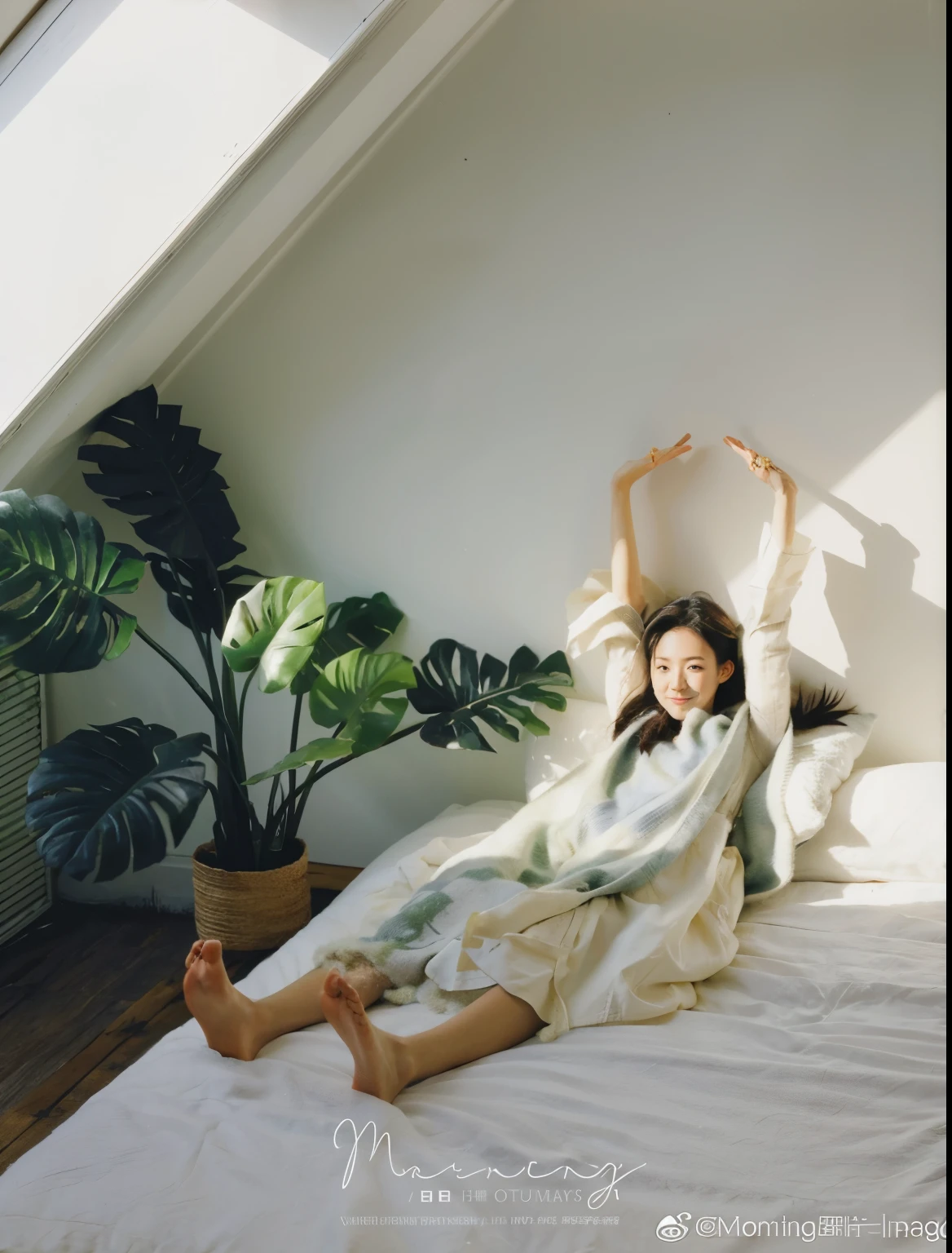 There is a woman lying on the bed,Covered with a white quilt, Posing in the bedroom, With natural light as background, Comfortable studio photography, sitting in bedroom, lulu chen, jinyoung shin, reclining on bed, Relaxed posture, lofi girl, Kim Hyun Joo, morning light, Jiama Chan, Yin Shishan, Leaves and simple cloth, Posing while lying on bed