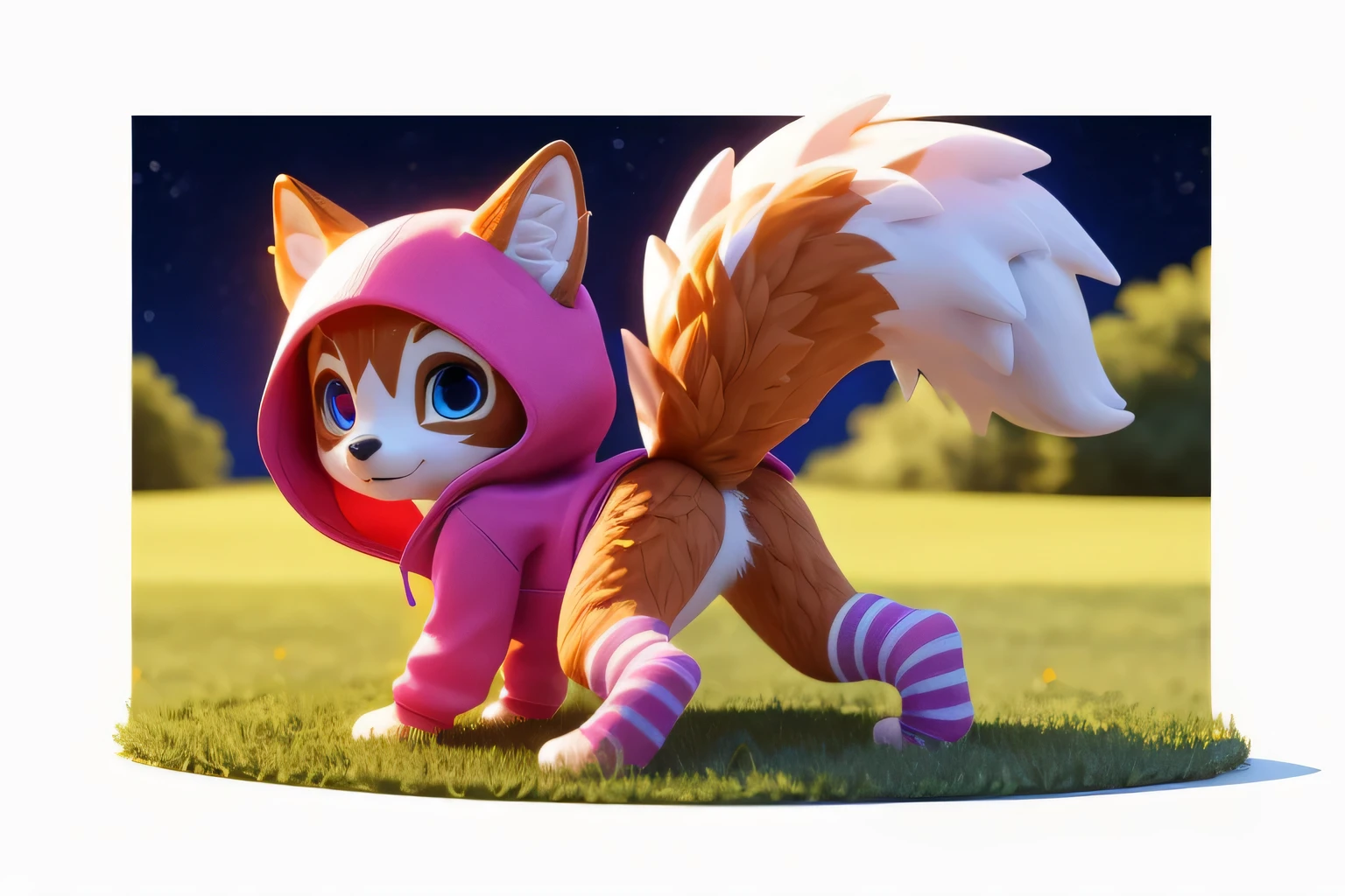 (((wilderness))), ((charming little blue wolf,woman,Miss, young)) have different colored eyes， chibi， charming， logo design， Car already， movie lighting effects， ((3D vector art))， Cute and quirky， fantasy art， Bokeh， Hand Painted， number， soft light， Isometric style， 4K resolution， photorealistic rendering， High level of detail cleaning， vector image， A lifelike masterpiece， Professional photography， simple space background， Flat white background， Isometric，Vibrant vector, , hoodie, bottomless pit, Fine hairs, Anisotropic fur gloss, ((subsurface tering)), In the park, ((The body is very wide)), ((Animal genitalia)), [[vein]], (on all fours), ((Show rear)), [anus(Show rear)) ,[] big tail, ((Striped knee-length socks))