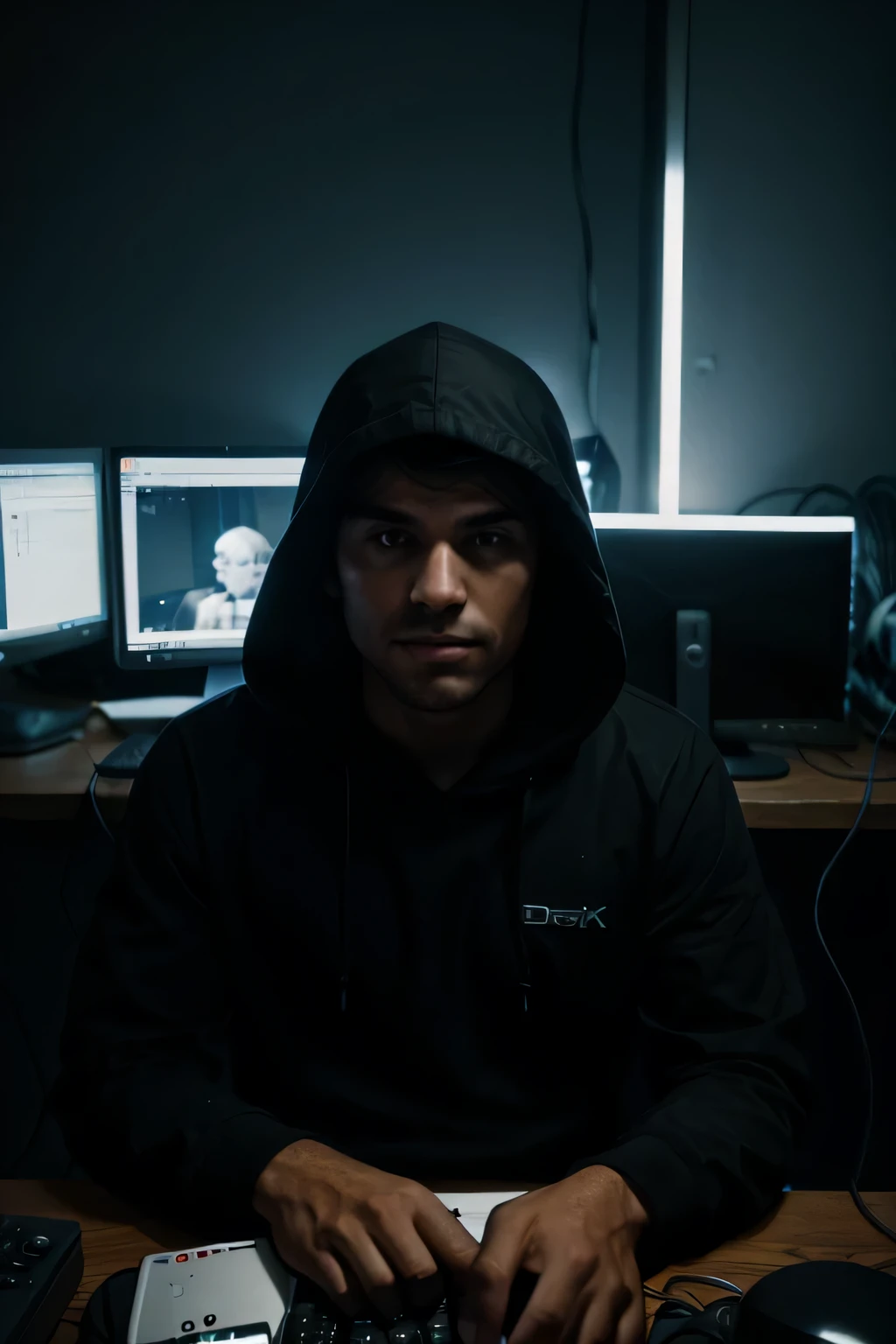 man in a hood, sitting surrounded by wires and computer equipment, dark light in the background, looks straight into the camera