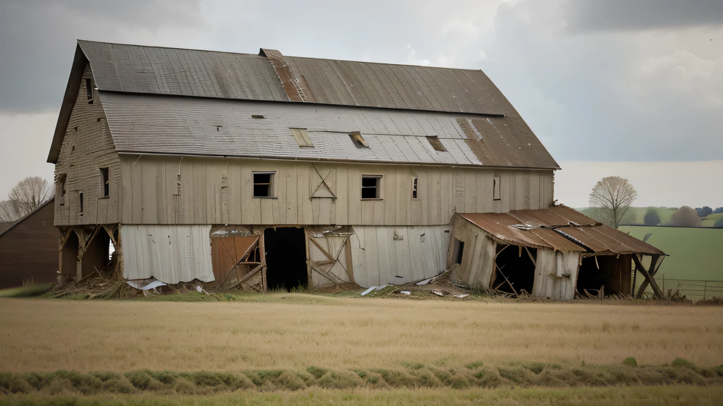 andrew wythe style, close up of very old delapidated barn that is falling down, in a field, silo behind the barn, barn is falling down