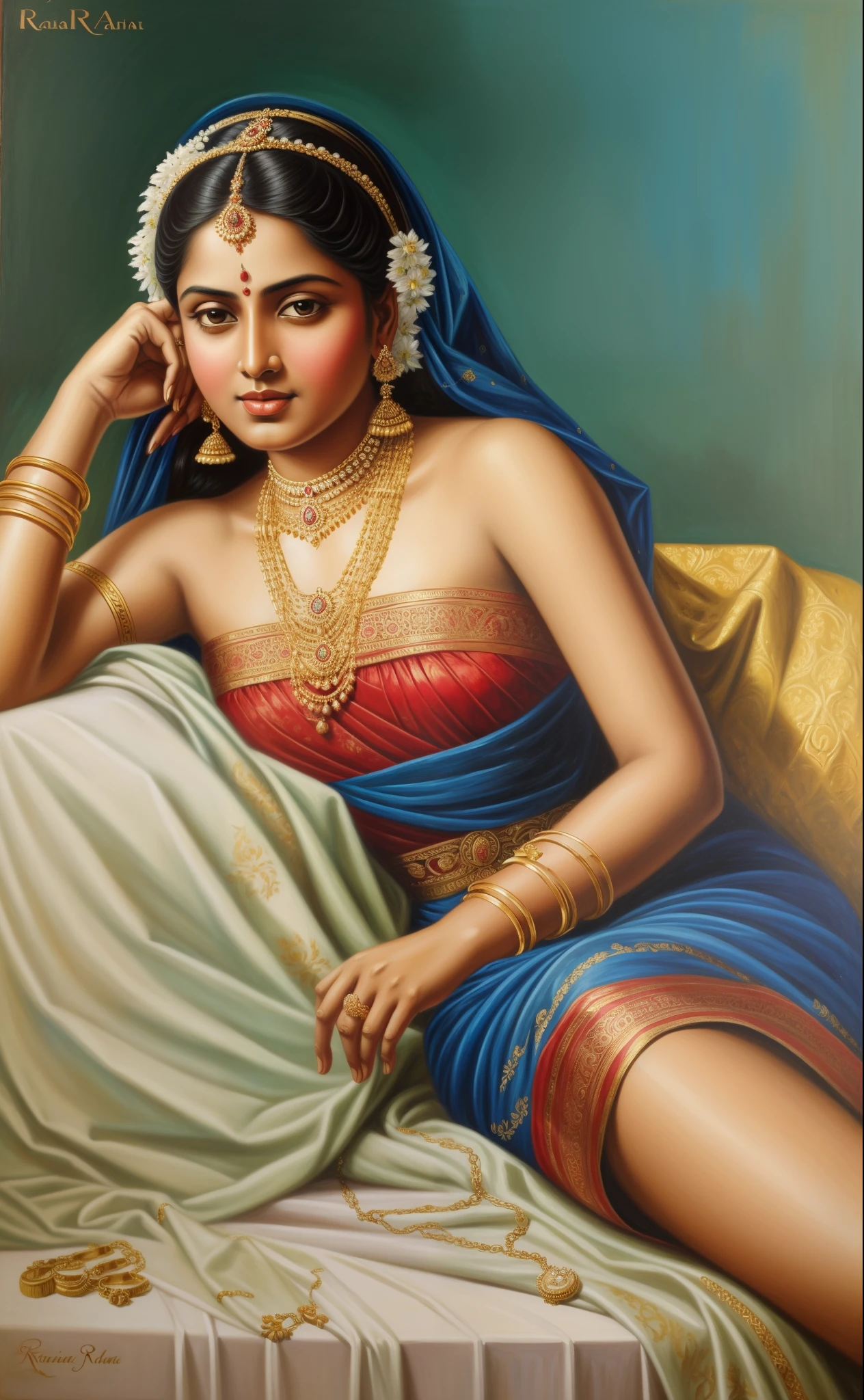 painting of a woman in a blue dress with a gold necklace, inspired by Raja Ravi Varma, by Raja Ravi Varma, portrait of a beautiful goddess, a stunning portrait of a goddess, portrait of modern darna, beautiful face , enchantress, ravishing beauty, perfect hands and fingers, charming, portrait of a goddess, indian girl with brown skin, portrait painting of a princess, gorgeous woman, oil painting of realistic woman, indian empress