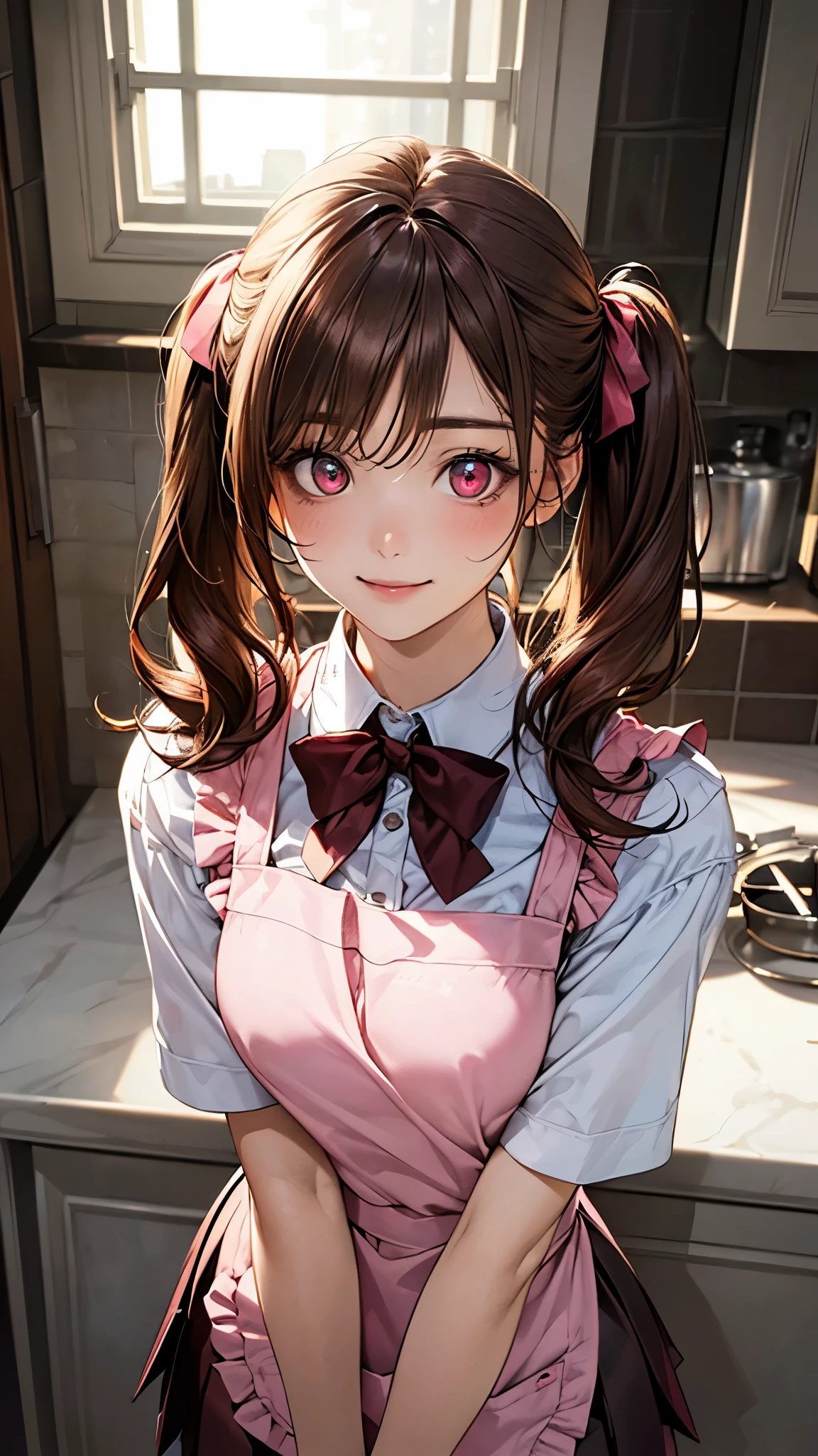 (masterpiece:1.2, top-quality), (realistic, photorealistic:1.4), beautiful illustration, (natural side lighting, movie lighting), nsfw, 
looking at viewer, (face focus, upper body), 1 girl, japanese, high school girl, perfect face, cute and symmetrical face, shiny skin, 
(long hair:1.5, twintails:1.4, dark brown hair), asymmetrical bangs, dark red eyes, glowing eyes, big eyes, drooping eyes, long eye lasher, (medium breasts), slender, dark red hair ribbon, 
beautiful hair, beautiful face, beautiful detailed eyes, beautiful clavicle, beautiful body, beautiful chest, beautiful thigh, beautiful legs, beautiful fingers, 
((pink ruffled apron, white collared shirts, dark red pleated mini skirt), dark red bow tie), 
(beautiful scenery), evening, (kitchen room), standing, arms behind head, (lovely smile, upper eyes),
