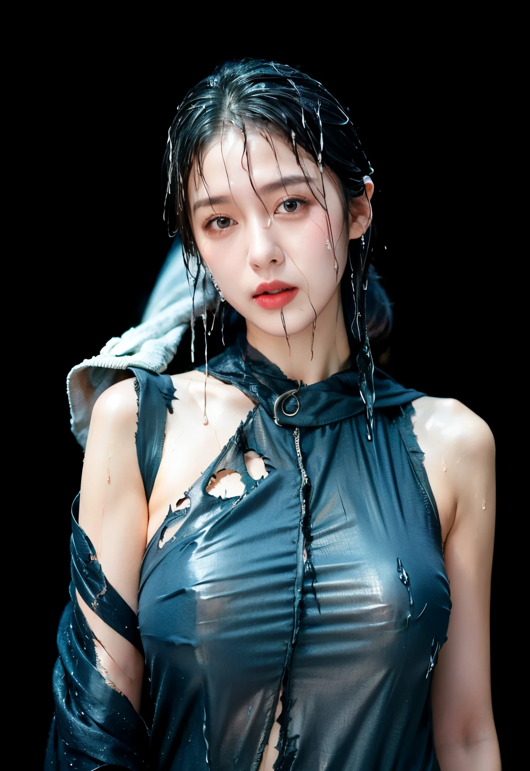 Close-up of a woman wearing a white top posing for a photo, Exquisite gravure printed idols, (Realistic skin), attractive, ultra high definition, surreal, Very detailed, golden ratio, (White T-shirt, transparent,water leakage, That'That'it'It's too dark, despair, Compassionate, poor, Light, big watery eyes, big watery eyes, (torn clothes: 1.5), ((wet clothes: 1.5)), Shoulder, True Rain, wet hair, ((South Korea, whole body))
