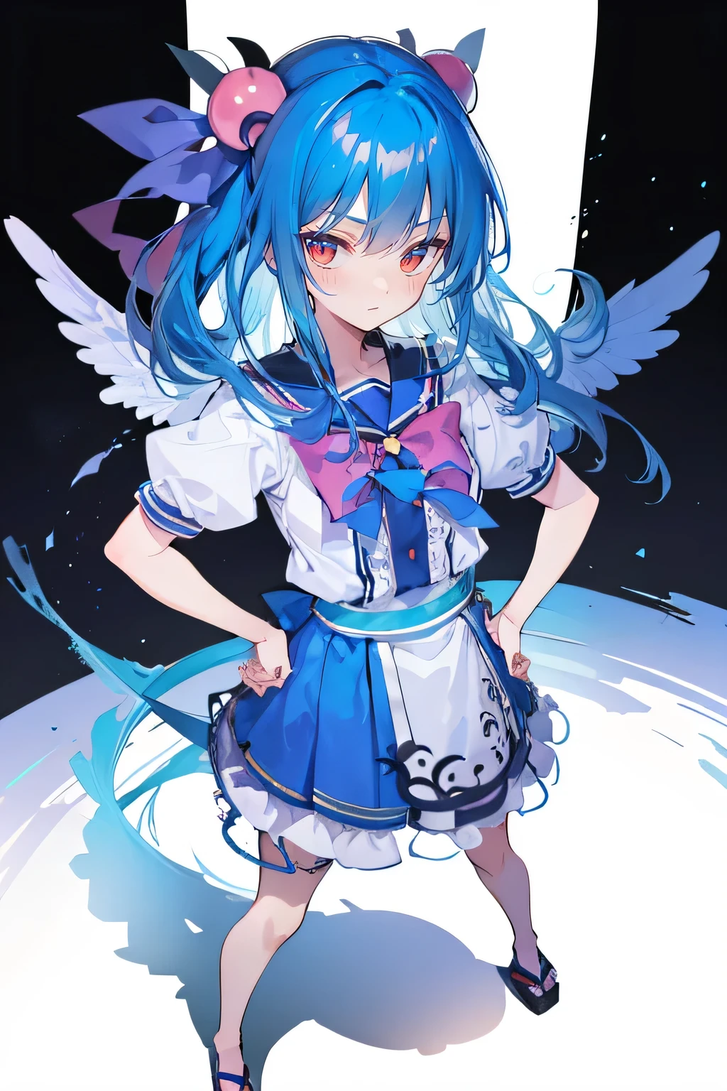 (masterpiece),best quality, expressive eyes, perfect face, 1girl,
 Put your hands on your waist,fair, Gorgeous,Japanese cartoons,girl,lola,Hina Angel, blue hair, blue haired, floating clothes,Grab your waist, Grab your waist, hands on hips , hands on hips,sit, sit on ground, Legs on the ground, flat chest