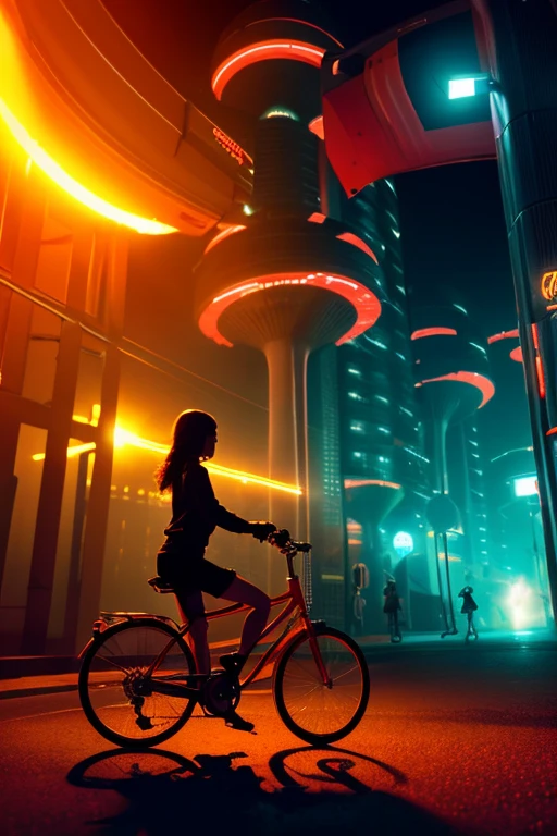 a girl rides a bicycle, in running shorts, short shorts, an image of a futuristic city at night, inspired by Paul Lehr, trending on cgsociety, conceptual art, digital yellow red sun, glowing magma sphere, in a futuristic desert palace, lens flare. occult photorealism
