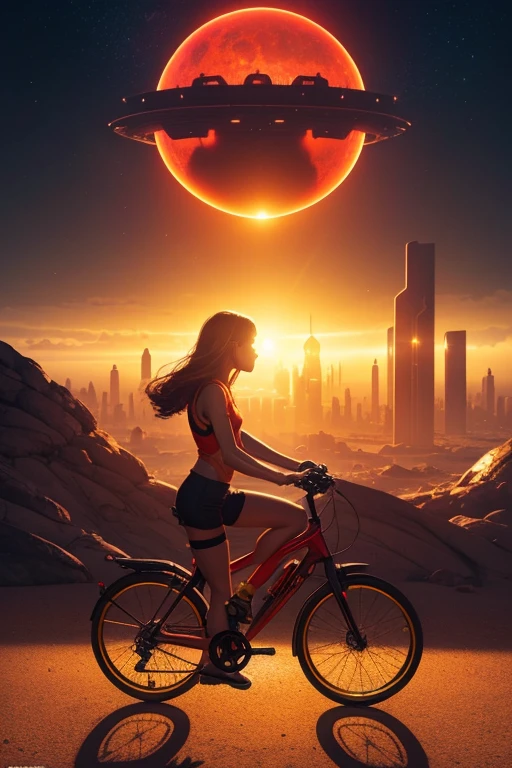 a girl rides a bicycle, in running shorts, short shorts, an image of a futuristic city at night, inspired by Paul Lehr, trending on cgsociety, conceptual art, digital yellow red sun, glowing magma sphere, in a futuristic desert palace, lens flare. occult photorealism