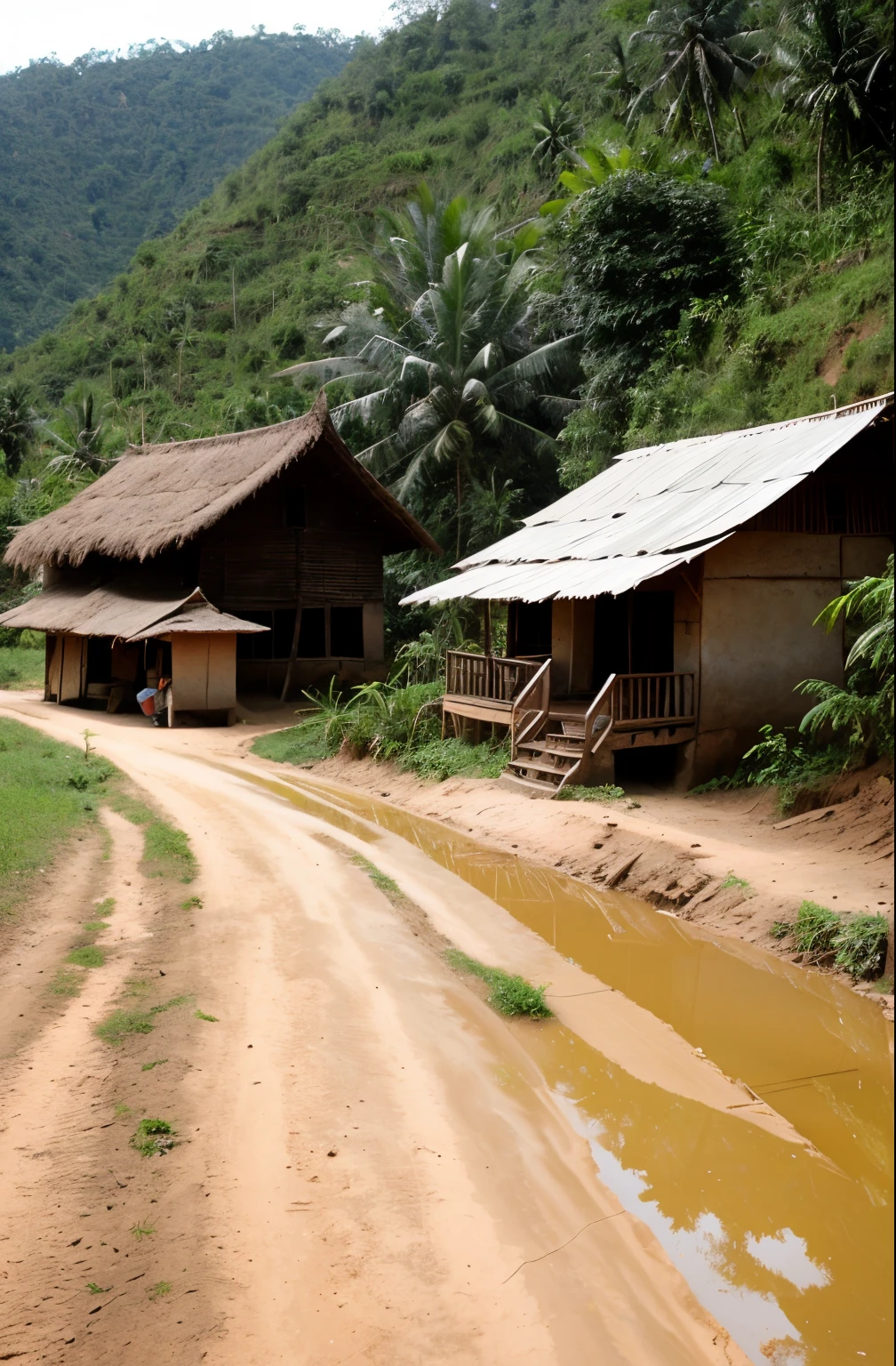 there is a dirt road that has a house on the side of it, a picture by Dietmar Damerau, flickr, mingei, cambodia, village, houses and roads, hideen village in the forest, laos, with lots of vegetation, with vegetation, mud and brick houses, empty buildings with vegetation, small village, sparsely populated