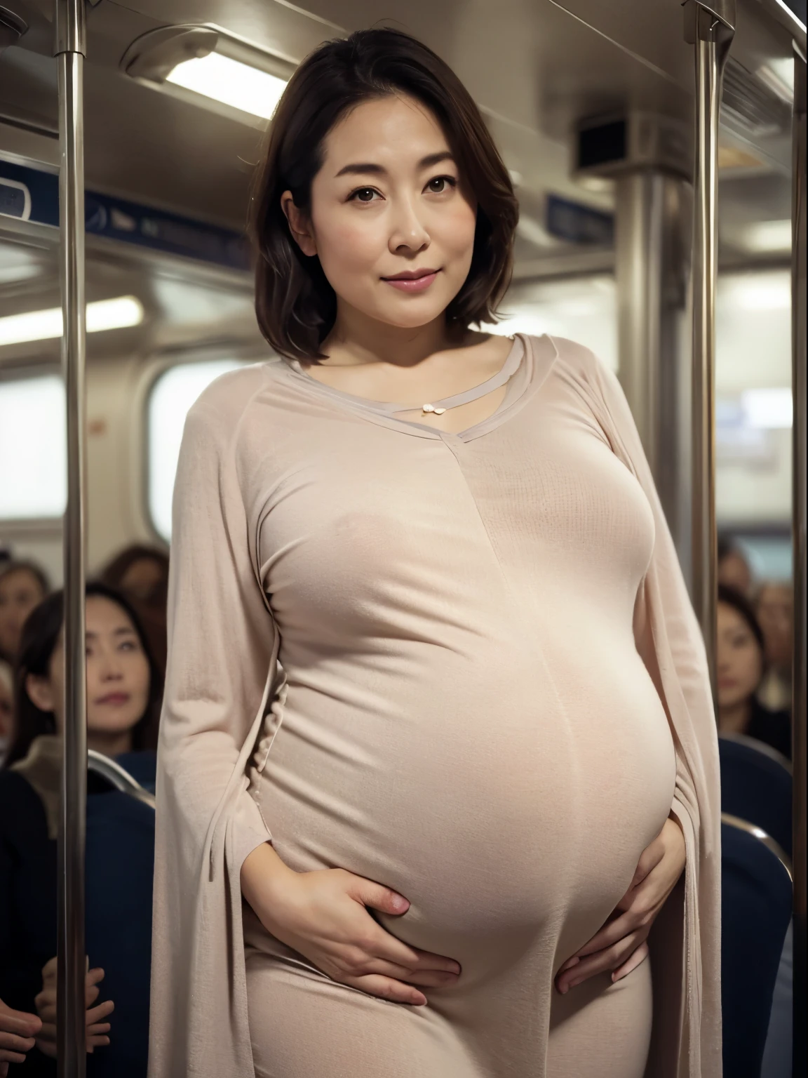in 8K、Raw photography、Highest Quality、realisitic、Photorealsitic、Professional Lighting、masterpiece、Very delicate and beautiful woman)..A woman looking back at me and stands on empty subway that no one else on board. wearing a knit and a long skirt. .25 years old. Has big breasts of J cup. ((huge pregnant)),Rounded buttocks,Beautiful woman with slender,looking camera,Wear clothing that does not expose too much skin.Suspicious expressions