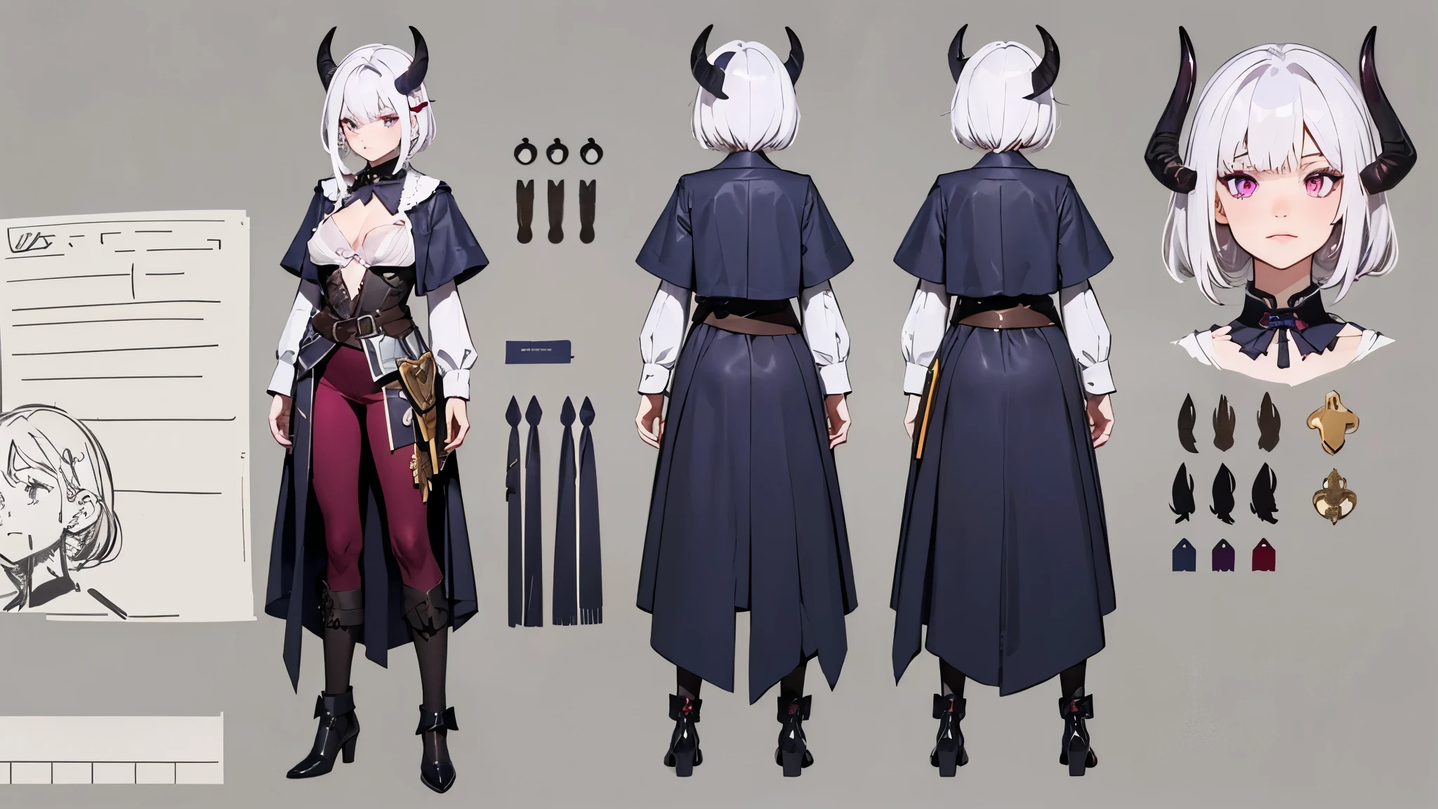 (Masterpiece, best quality), detailed, 1girl, ((character concept art)), ((character design sheet, same character, front, side, back)), many items, (adventurer guild lieder uniform, ex dungeon explorer, royal cloth, many parts), black demon horns, detailed purple eyes, detailed face, different expressions, small B cup , white hair and white skin, detailed hair, formal style haircut, full of details.