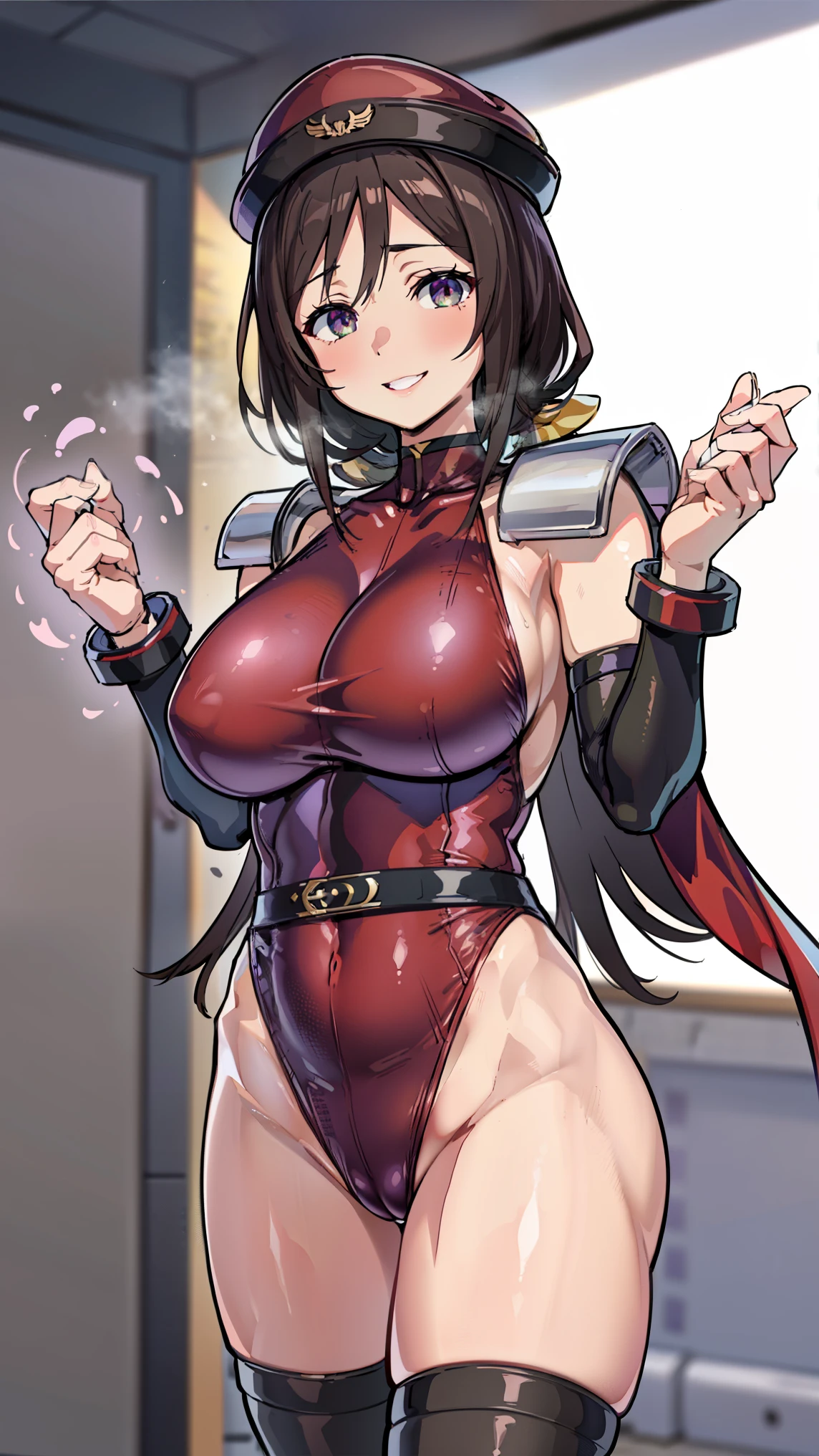 1 girl,NSFW,Tazuna Hayakawa ,peaked cap, thighhighs, cape, red leotard, clavicle, absurd, brainwashing,Combatant, empty eyes,((purple glowing eyes 1.5)),  ((huge breasts 1.8)) ,fearless smile,look down , whole body shape, ((spread both hands, stand up)),(highest quality、4k、8K、High resolution、must have:1.2)、Super detailed、(reality、that&#39;s reality的な、reality的な:1.37)、ticker、hyper hd、studio lighting、ultra definition paint、sharp focus、Physically based rendering、extreme details、Professional specifications、vibrancy and color、blurry、sports portrait、landscape、horror style、anime big breasts、SF、photograph、concept artist、five fingers, perfect body,  {{{masterpiece}}}, {{{highest quality}}}, {{Super detailed}}, {shape}, {{very delicate and beautiful}},Improved cost performance、all roles、Canon 5D MK4でphotograph、photograph, 