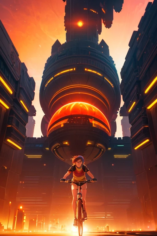 a girl rides a bicycle, in running shorts, short shorts, an image of a futuristic city at night, inspired by Paul Lehr, trending on cgsociety, conceptual art, digital yellow red sun, glowing magma sphere, in a futuristic desert palace, lens flare. occult photorealism
