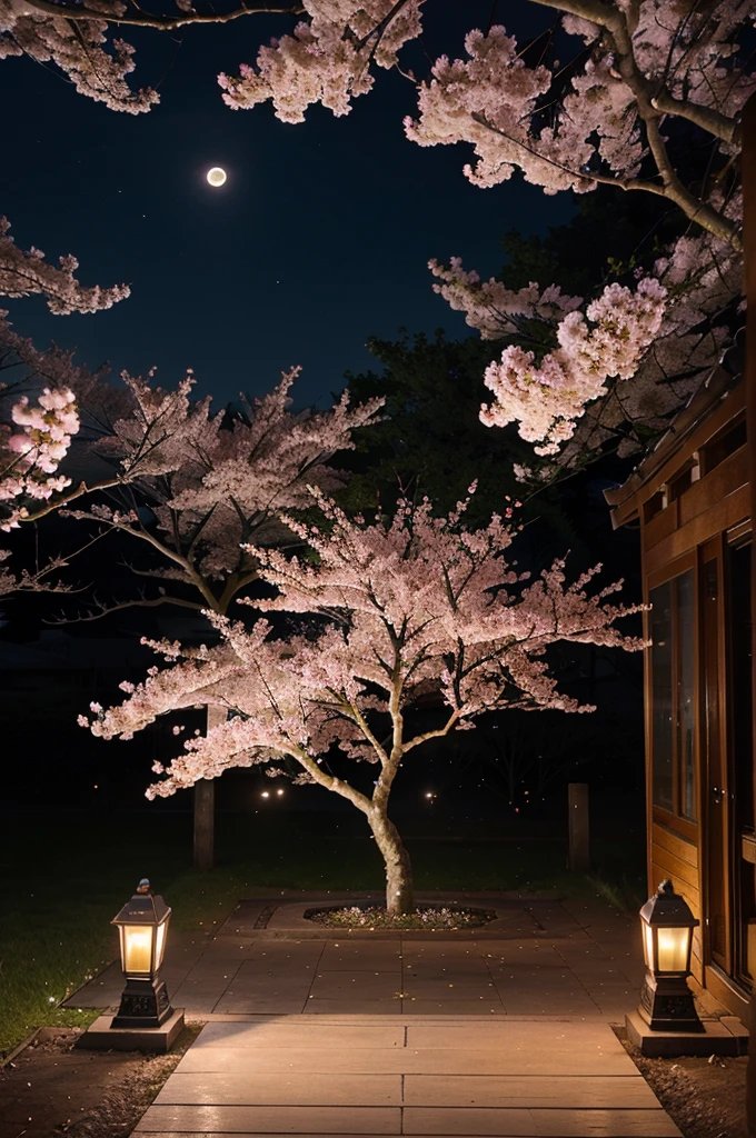 highest quality、Cherry blossoms at night、Cherry tree in full bloom、full moon、petal、light up、beautiful、fantasy
