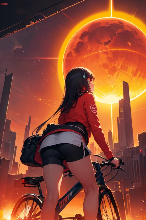a girl rides a bicycle, in running shorts, short shorts, an image of a futuristic city at night, inspired by Paul Lehr, trending on cgsociety, conceptual art, digital yellow red sun, glowing magma sphere, in a futuristic desert palace, lens flare. occult photorealism