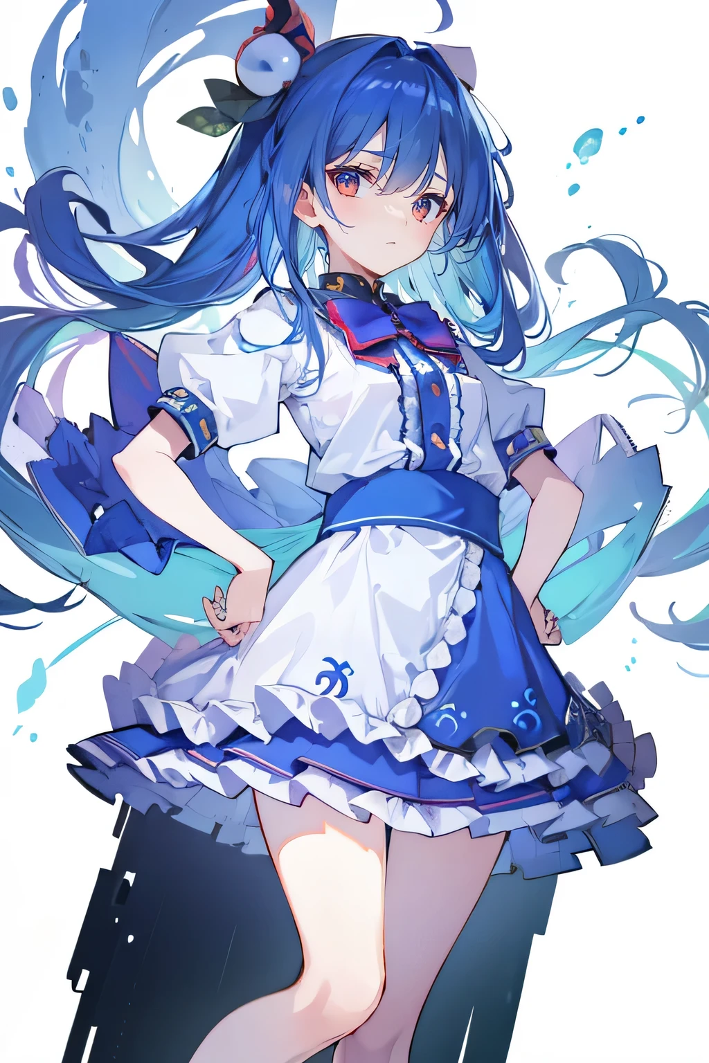 (masterpiece),best quality, expressive eyes, perfect face, 1girl,
 Put your hands on your waist,fair, Gorgeous,Japanese cartoons,girl,lola,Hina Angel, blue hair, blue haired, floating clothes,Grab your waist, Grab your waist, hands on hips , hands on hips,sit, sit on ground, Legs on the ground, flat chest