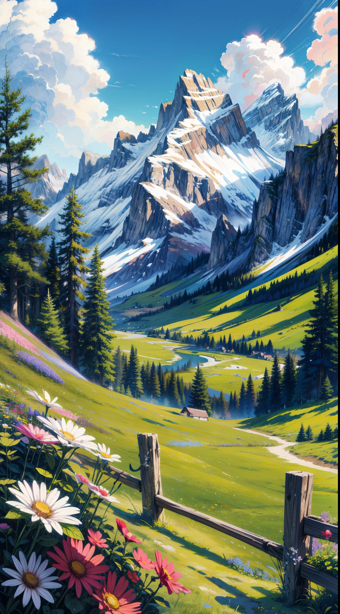 a painting of a flowers Meadows and a mountain scene with flowers in the foreground, mountain behind meadow, mountainous background, highly detailed landscape, anime nature wallpap, colorful landscape painting, alpine scenery, meadow background, mountains background, beatiful mountain background, landscape wallpaper, detailed landscape, nature wallpaper, thomas kinkade style painting, swiss alps, tomas kinkade, highly detailed 4 k painting, 4k hd,, beautiful art uhd 4 k, a beautiful artwork illustration, beautiful digital painting, highly detailed digital painting, beautiful digital artwork, detailed painting 4 k, very detailed digital painting, rich picturesque colors, gorgeous digital painting