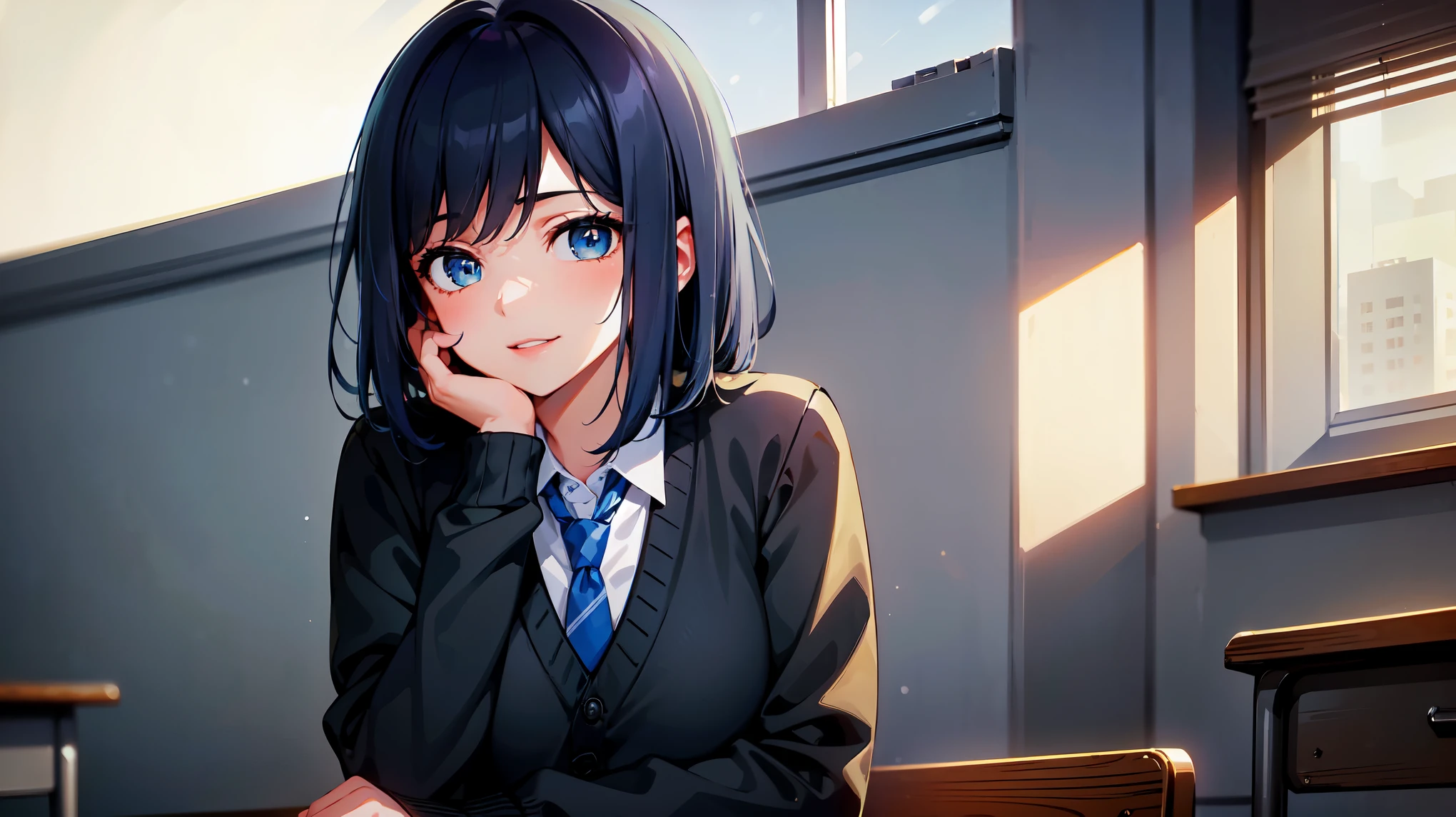 masterpiece, high quality, (1girl, solo, medium hair, dark blue hair, beautiful detailed eyes, beautiful detailed lips, uniform, black cardigan, deep blue tie, content expression, little smile, sitting on a chair, leaning to the table, in a classroom, sunlight streaming through the windows, soft lighting, vibrant atmosphere, highres, eyes to the viewer, reminiscing), detailed lighting on character 