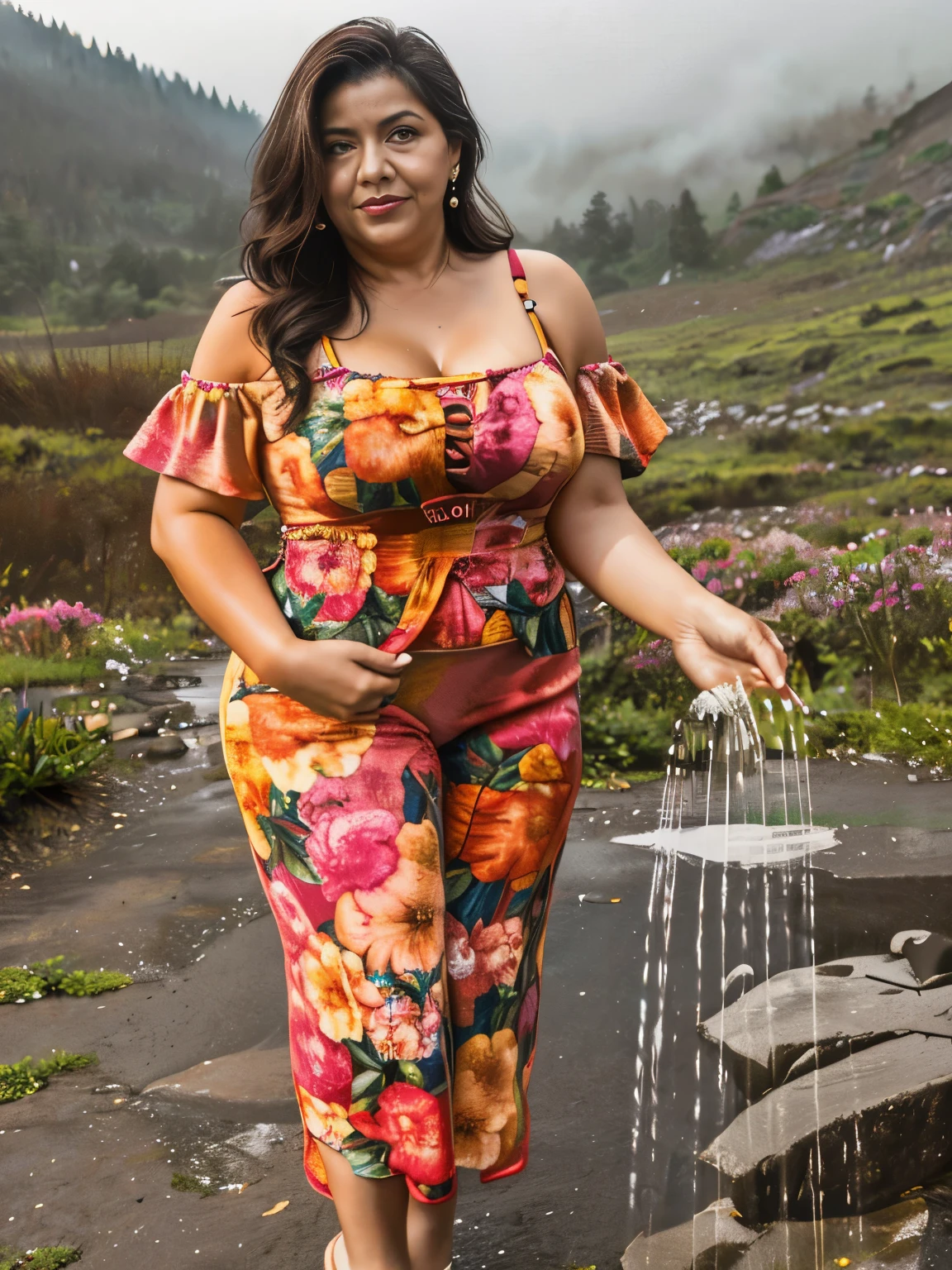 A Colombian mature lady dressed in colorful floral lingerie showering in the foggy mountains in the early morning hours early morning