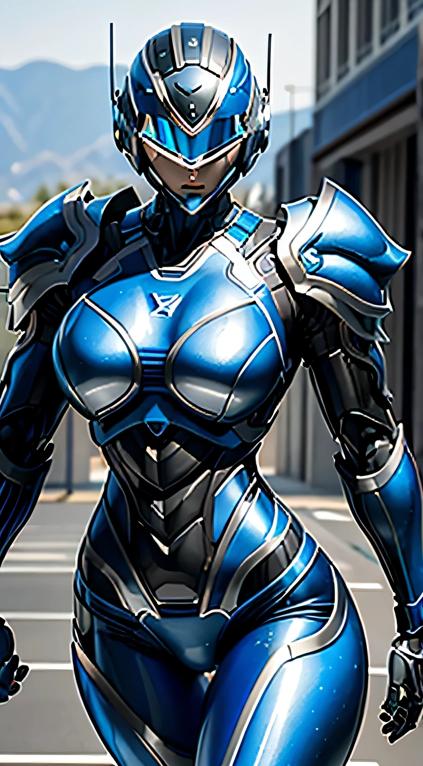 female robocop solo、bright outdoors、strong light source、8K, high quality, masterpiece, 最high quality, hd,sharp contrast、very detailed、Armor that completely covers the whole body、very large armor、Helmet covering the head、clear pictures、Eyes hidden by thin straight goggles:1.3、The lower half of the face is raw:1.5、The lower half of the face is exposed、luscious lips、dark blue metallic armor、Armor that completely covers the chest、thin and long legs、Vibrant posel body view,big and full breasts:1.5, (sports body:1.5)、five fingers、photos around town