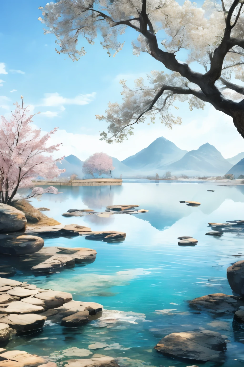 White background, landscape, 墨water, Monte, water, Tree,lakeside