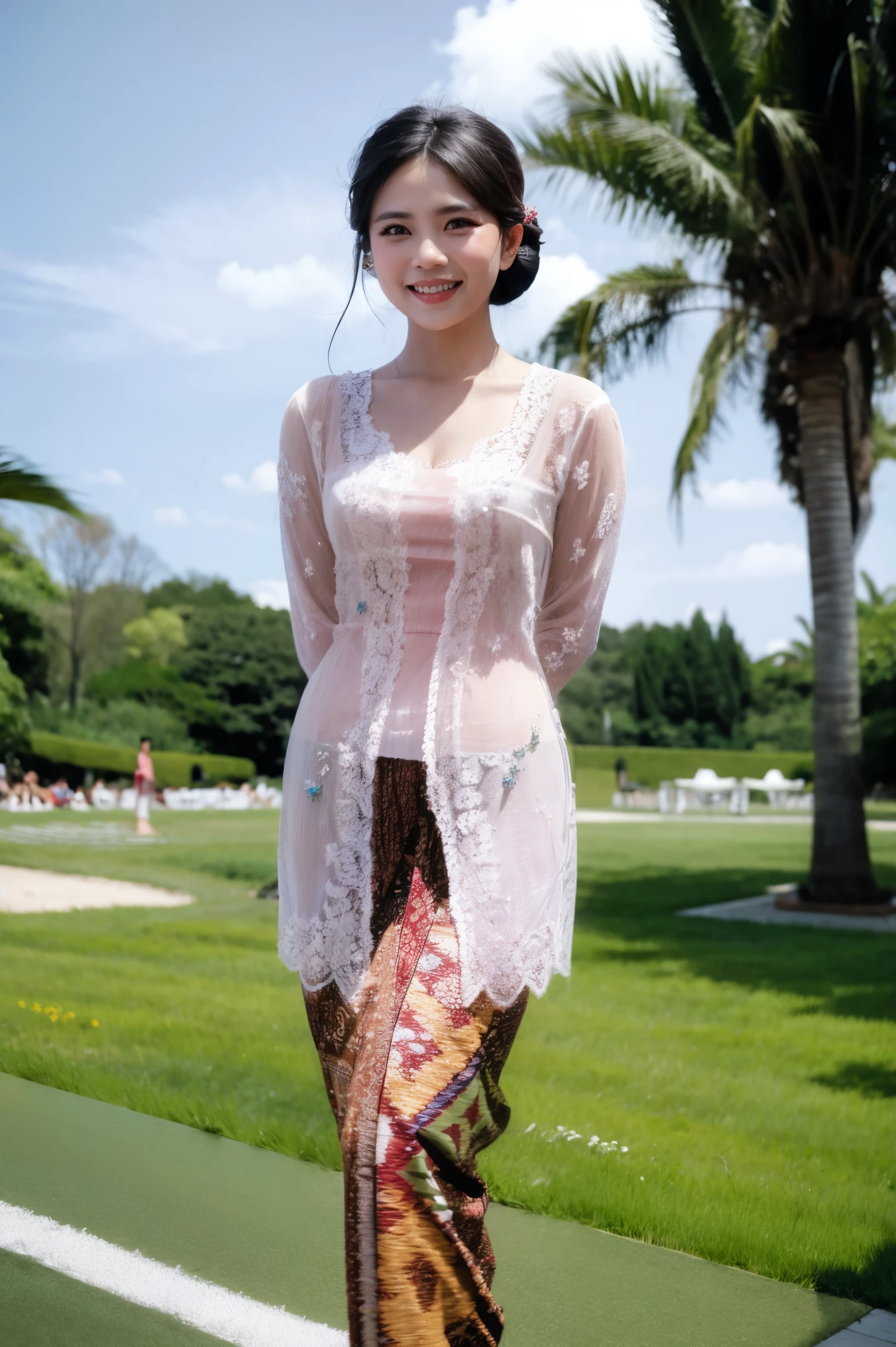 masterpiece, best quality, high quality, 1girl, solo, (((picture perfect))), (absurdres), standing, arms behind back, smile, park, indonesian girl, kebaya, kebaya indonesia 