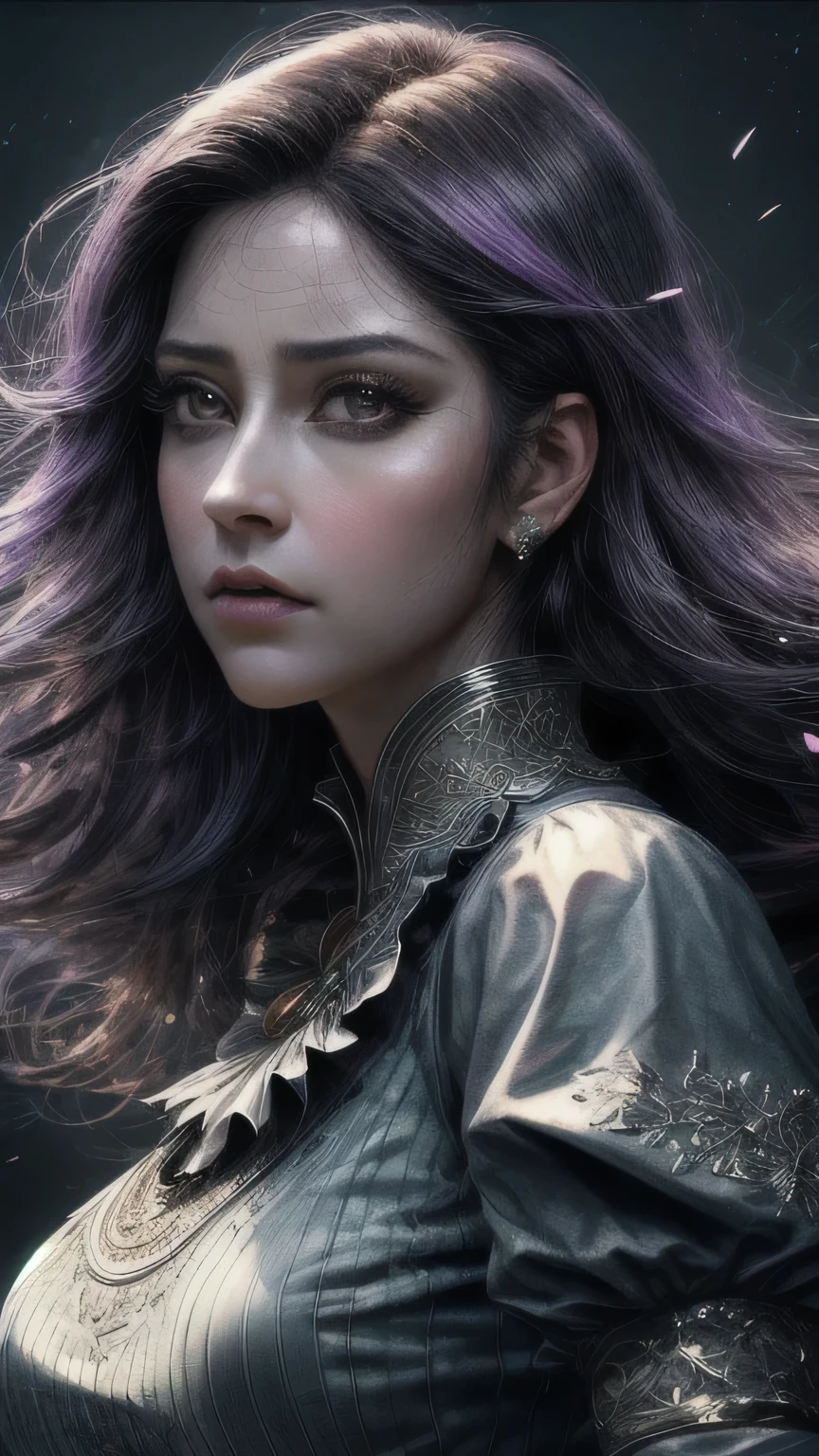 very beautiful princess black eyes, Portrait of a 35 year old mature woman, serious expression, Super realistic, Super detailed, Dynamic facial expressions, big natural breasts, pastel purple dress, Dense and beautiful black eyes, beautiful detailed lips, highly detailed eyes and face, long eyelashes, detailed face, masterpiece, 最high quality, high quality, High resolution, (moonlit night background), Here's your point of view、