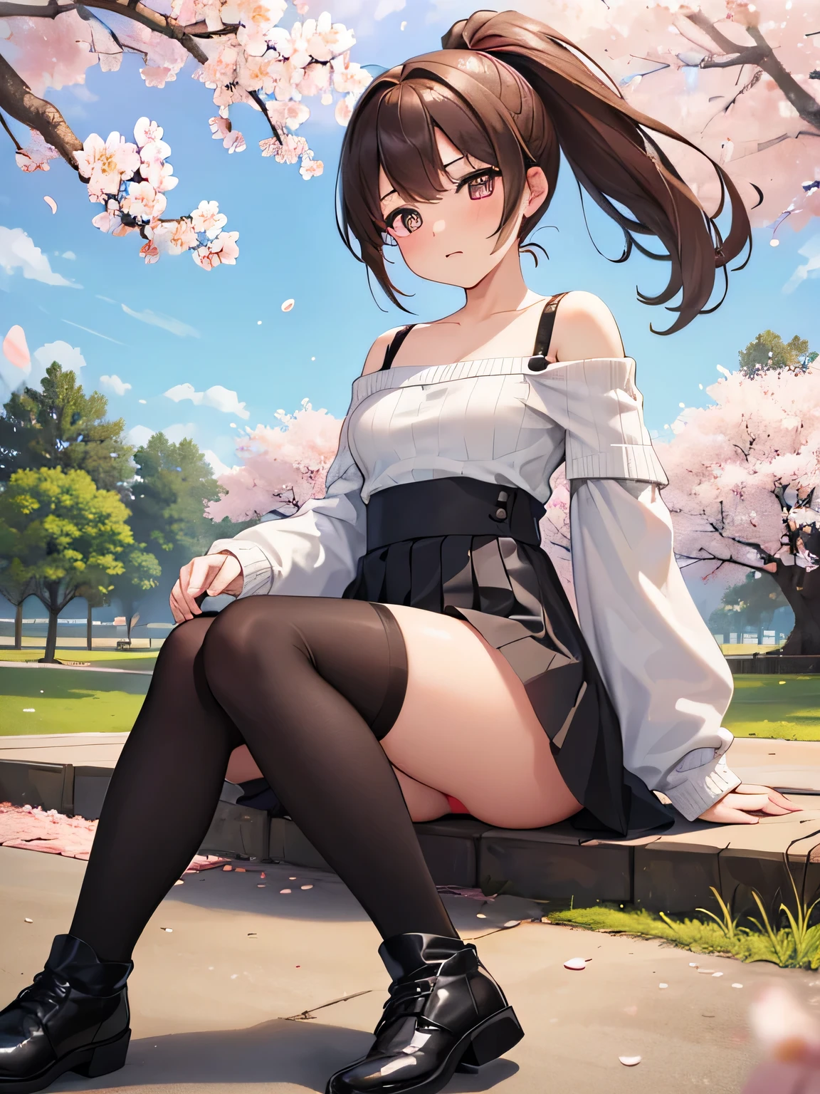 (Masterpiece, top quality, high resolution, realistic photo, realistic looking skin:1.1),
(Woman walking in park lined with cherry blossom trees:1.2),
(Skirt billowing in the wind: 1.8),
(Fully exposed panties:1.8),
(blushing and embarrassed expression as her skirt flips up:1.5),
((She is wearing a black off-the-shoulder long-sleeved knit: 1.8)),
(She is wearing a gray flare-type mini-skirt:1.8),
(She is wearing black middle boots: 1.8),
(I do not wear knee-high stockings because it is too hot. 1.8),
(I do not wear knee-high socks because it is too hot. 1.8),
(Her panties are of a flashy color and pattern:1.5),
(Brown hair in a middle ponytail:1.5),
(Small face:1.5),
(D-cup breasts:1.5),
(Location: a park lined with cherry blossom trees where the wind blows: 1.5),
1 Japanese girl, solo, full-bodied esbian, beautiful eyes, glowing eyes, glowing thighs, NSFW
