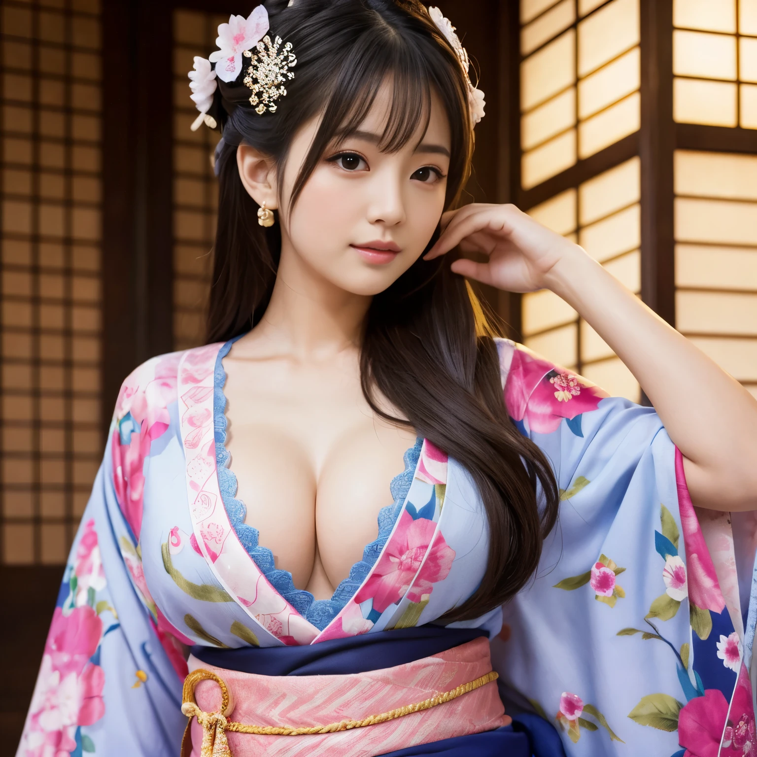 Best-quality, Masterpiece, Ultra-High-Resolution, (Photorealistic:1.4), Raw-Photo, 1girl, the most famous Japanese idol, wearing Japanese-KIMONO with sexy-design, ((extremely beautiful abundant-cleavage)), extremely cute face like the most popular Japanese idol, extremely beautiful big-black-eyes, extremely beautiful hair, extremely beautiful skins, extremely beautiful long-eyelashes, extremely beautiful lips, looking at viewer, detailed Japanese-KIMONO-with-sexy-design