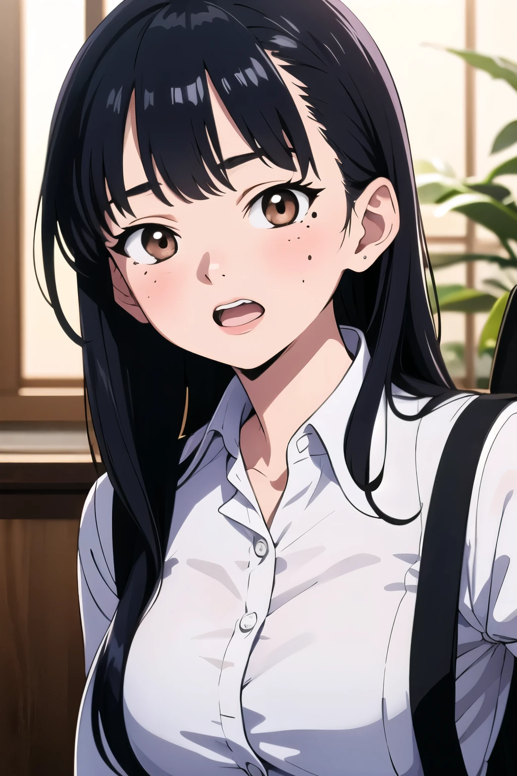 yamada anna,((best quality)), ((masterpiece)), (detailed), perfect face,1girl, solo, long hair, looking at viewer, blush, open mouth, shirt, black hair, brown eyes, white shirt, upper body, teeth, collared shirt, mole, mole on neck