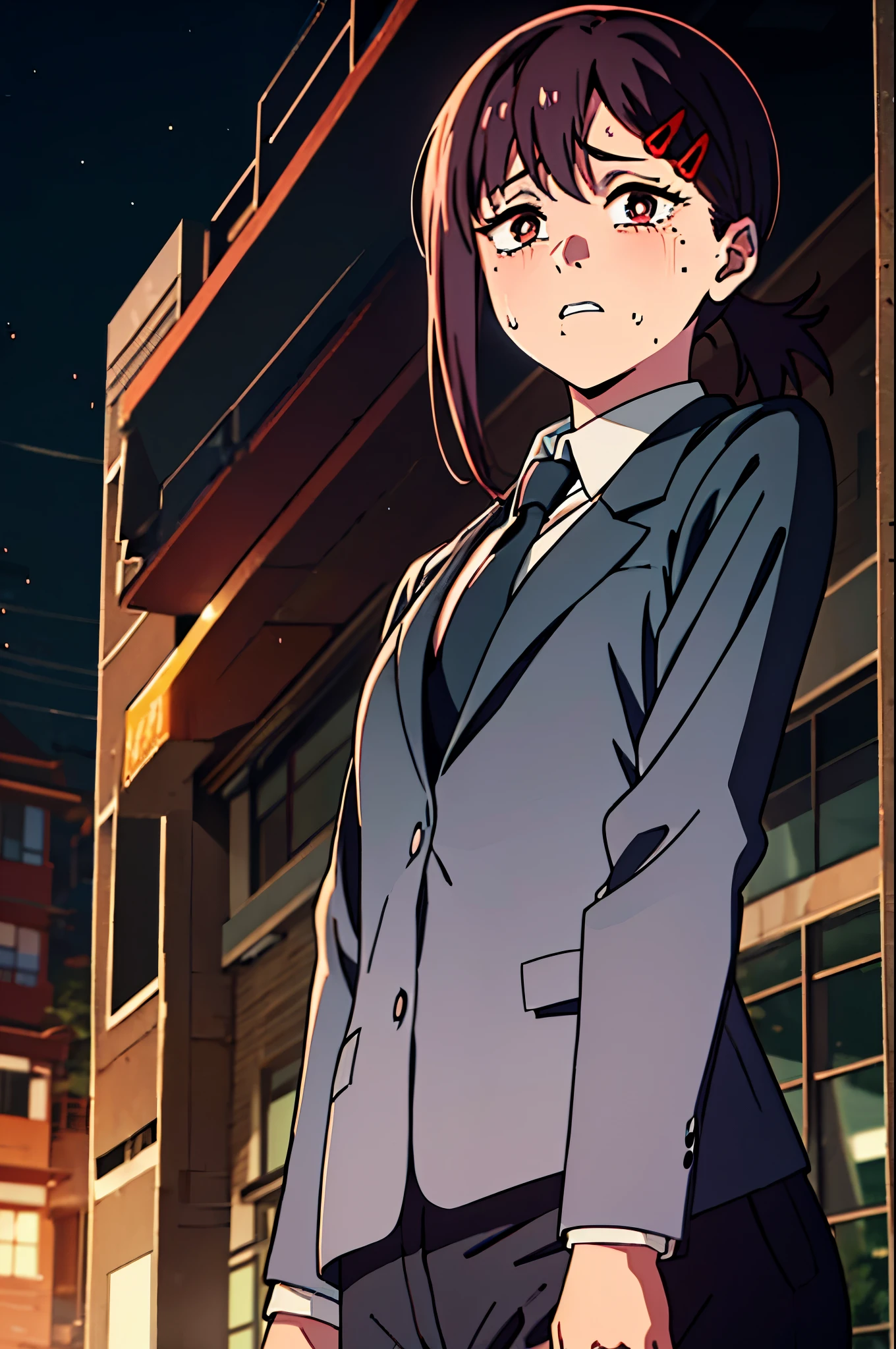 kobeni from chainsawman, black vivid eyes, with her iconic two red hair clips, sweating, wearing white long sleeve, black tie, black dark business pants, black suit, standing, walking, park setting, outdoors, panicking, windows, nighttime, daytime,