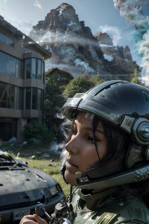 award winning closeup photo of a female (sci-fi explorer:1.3) wearing helmet with hexagonal glass visor, [Style-Psycho::10], beside a (crashed vehicle:1.2), (smoke:1.4), looking out over a verdant alien planet, (mountains:1.2) (tall grass:1.2), rocks, highly detailed, fine detail, (intricate:1.3), (lens flare:0.6), (backlighting:0.8), (bloom:0.8), shallow depth of field