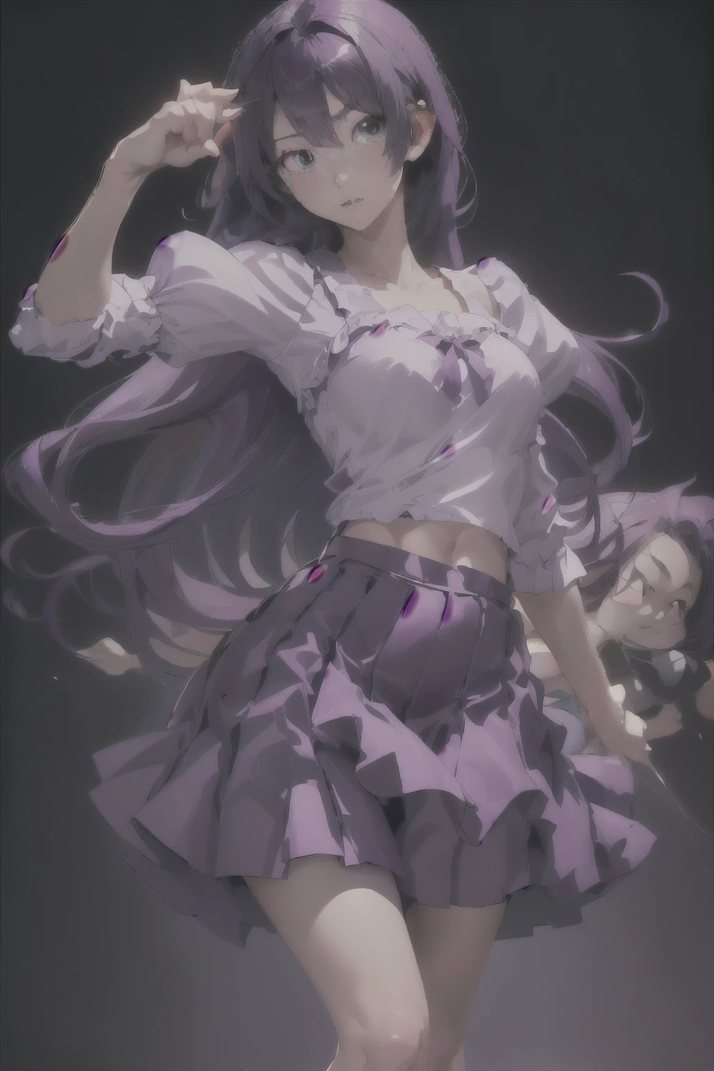 (((Open your legs wide))、1 girl,，Temptation of Emoji，senjougahara hitagi, alone, upper limbs, skirt, long hair, Naoetsu High School , blue eyes, juliet sleeves, , purple hair, shirt, zettai ryouiki, medium breasts, とてもlong hair, 紫のskirt, ミニskirt，Dancing in a nightclub,（full body photo)、(((pantyless, braless))), (((nude))))