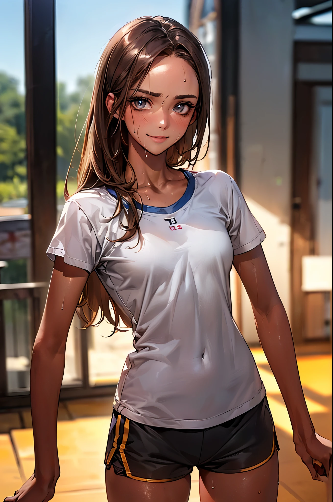 ((perfect anatomy:1.2,realistic,:1.3,RAW Photography:1.3,masterpiece、highest quality、Ultra - High resolution、High resolution、Highly detailed CG、8K)),cowboy shot,1 female,solo,20 year old beauty,((beautiful detailed face and eyes,big and gorgeous eyes)), brown eyes,smile,(brown hair,long hair,forehead,center parted hair:1.2、straight hair),(medium breasts,slender body,small head:1.3,skinny,tan skin,gleaming skin,oily skin,shiny skin,sweat:1.4),((light gray t-shirt,light gray sweatshorts,micro shorts)),do a stretching exercise,gymnasium hall,