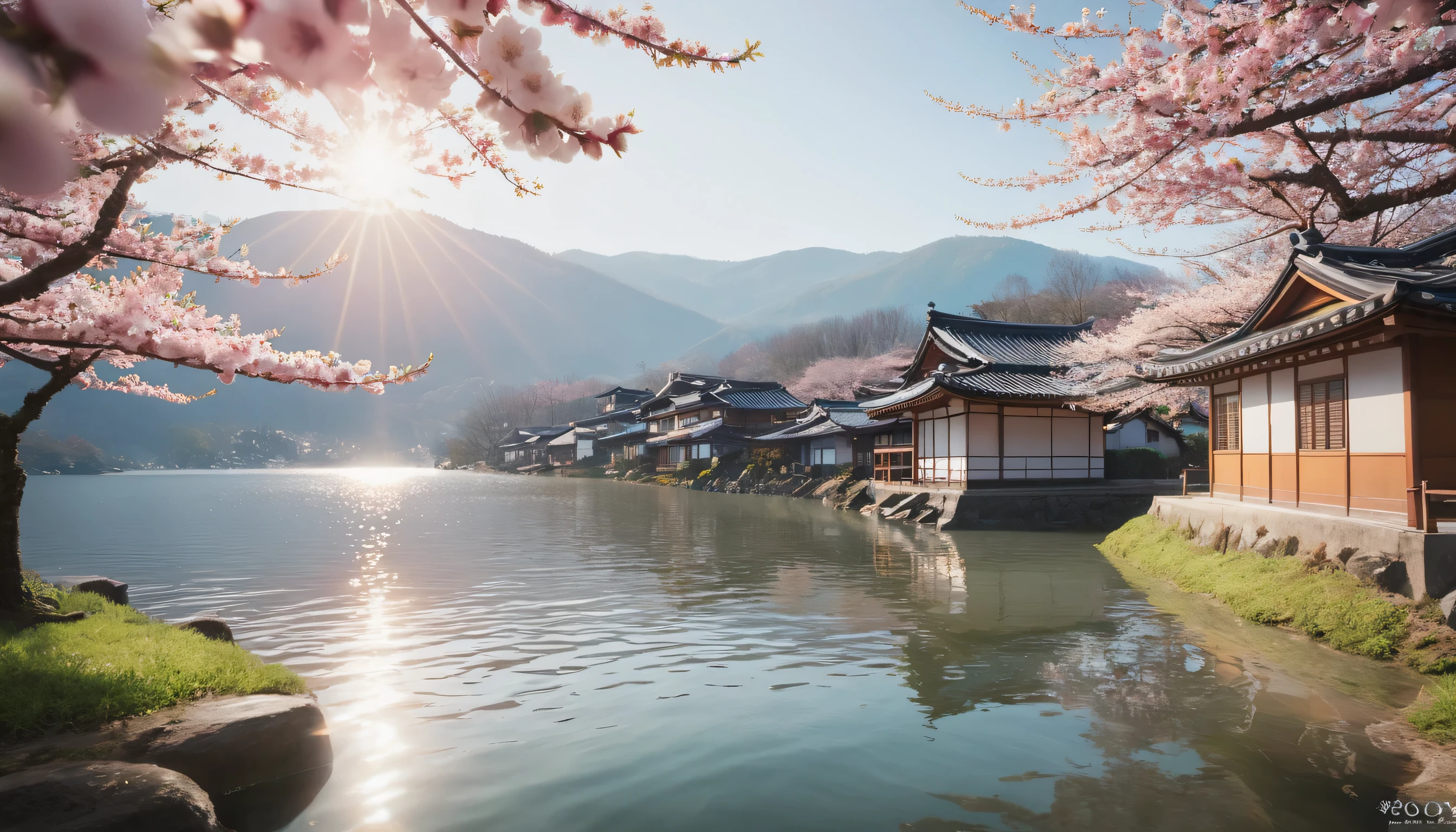 Kasuga,Sunlight,peach blossom,Surrealism, cinematic lighting, first-person view, Eye-Level Shot, Sony FE, UHD, masterpiece, high quality, high details, highres, best quality,Lake light,Distant houses