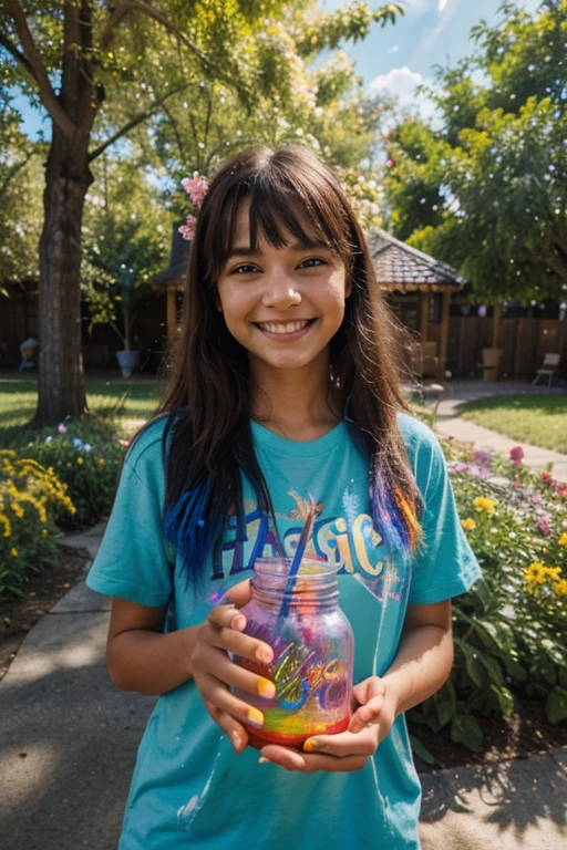 A girl standing with a beaming smile on her face, holding the jar of magic paint in her hands. It is surrounded by a magical and colorful environment, with colorful flowers, vibrant trees and a sky full of rainbows. 4k resolution