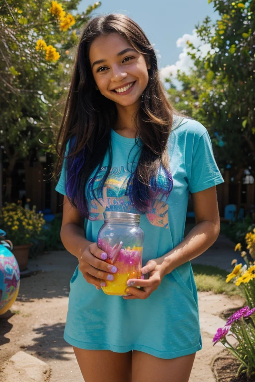 A girl standing with a beaming smile on her face, holding the jar of magic paint in her hands. It is surrounded by a magical and colorful environment, with colorful flowers, vibrant trees and a sky full of rainbows. 4k resolution