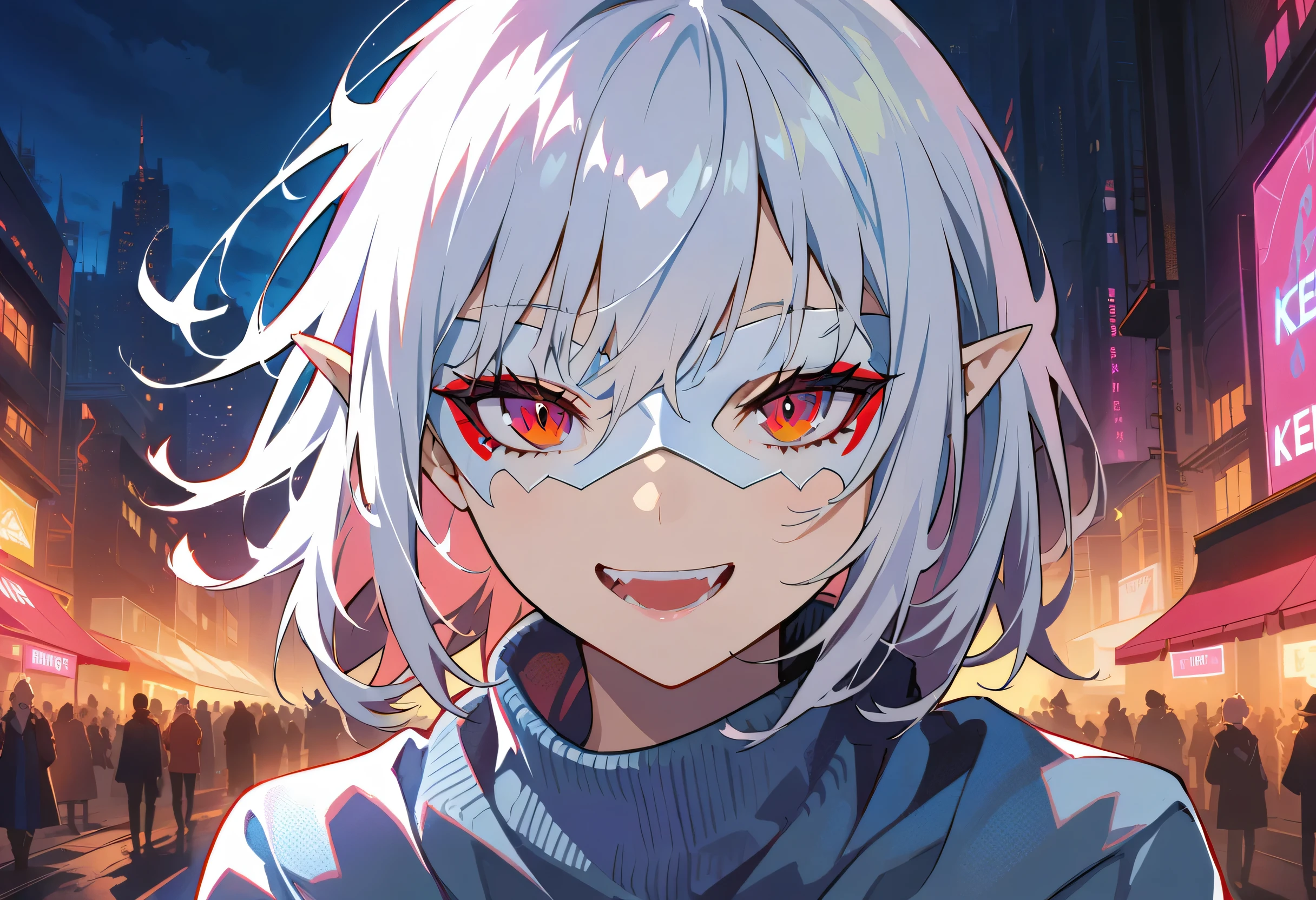 1 girl, (alone), Anime girl with white hair and red eyes, white hair girl, girl in white turtleneck sweater, ((eye mask)), pointed ears, ((vampire)), giggle, smug, Keep your mouth shut, Cowboy shooting, perfect white haired girl, White-haired God, Digital Cyberpunk Anime Art, turtleneck sweater, lens flare, ((dramatic lighting)), soft red eyes, Very detailed, masterpiece, looking at the audience, city in background, (night)