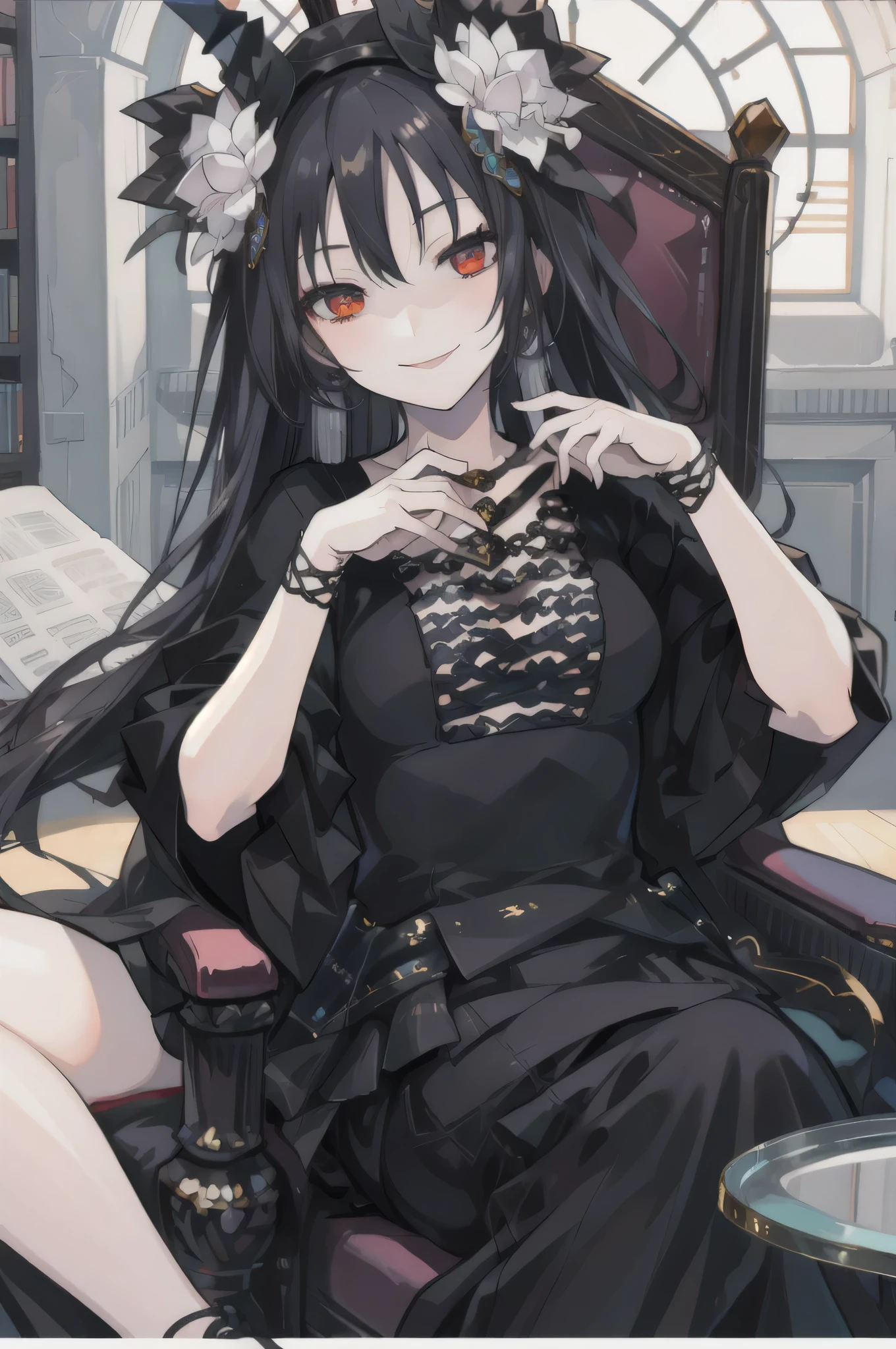 1girl, masterpiece, best quality, illustration, miracle tou, adult, , ,  indoors, sitting, chair, , black dress, hair ornament, flower, jewelry, smile, 