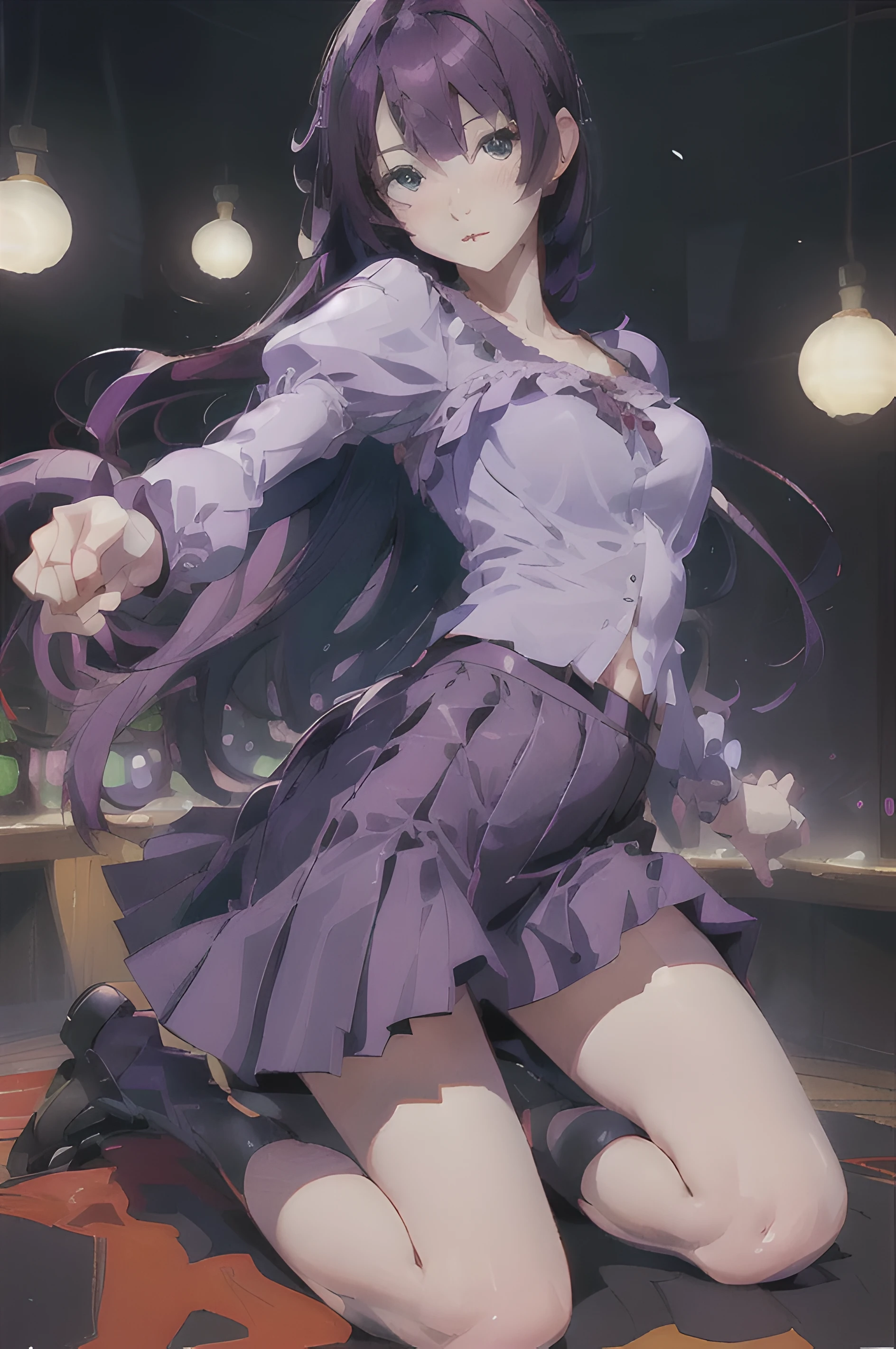 (((Open your legs wide))、1 girl,，Temptation of Emoji，senjougahara hitagi, alone, upper limbs, skirt, long hair, Naoetsu High School , blue eyes, juliet sleeves, , purple hair, shirt, zettai ryouiki, medium breasts, very long hair, purple skirt, mini skirt，Dancing in a nightclub,（full body photo)、(((pantyless, braless))), (((nude))))