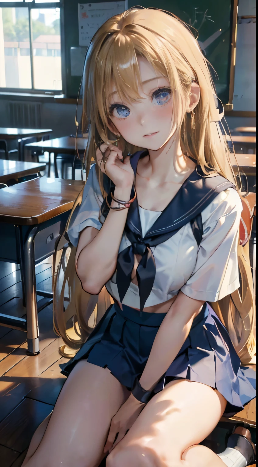 quality、Image Quality、Masterpiece、girl with((18 years old、Short sleeve sailor suit without sports bra、Short blue skirt、best bust、Bust 85、a blonde、Long hairlue eyes、Open your mind、Happineslack wristband on the wrist、A slender one、shy face、earrings、on all fours,Get closer to the audience、action of pulling up hair、Dye your cheeks、The wind is blowing))High quality、visual art、Love movie style、background with((After-school classroom))、on the table、
