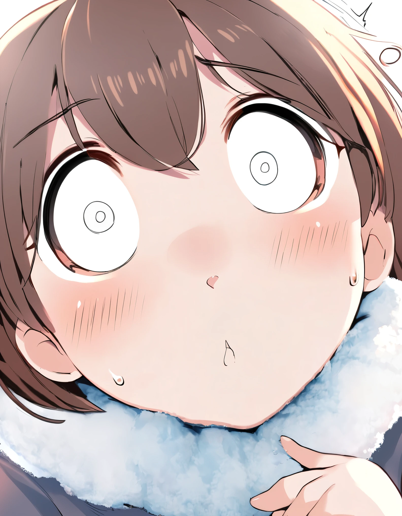 funny Image, face focus, portrait, best quality, super fine, 16k, cute girl is shocked, stops thinking, sweats coldly, and freezes her mouth like in a manga, white round eyes