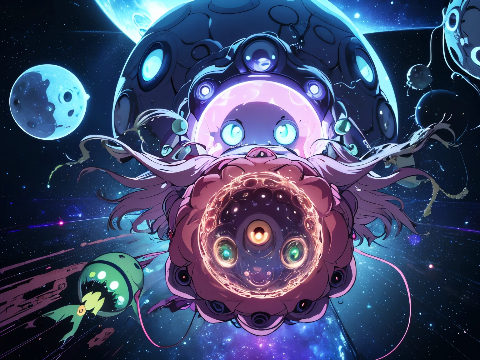cartoon monster with two eyes and long hair, flying Spaghetti Monster, Many scary eyes in space, the flying Spaghetti Monster, Spaghetti Monster, cosmic terrifying creature, amazing space creature 4k, Space horror illustration, Many eyes in space, tentacles in universe, Portrait of a cute monster, cute monster character design, hyperdimensional creature, Space jellyfish, space alien