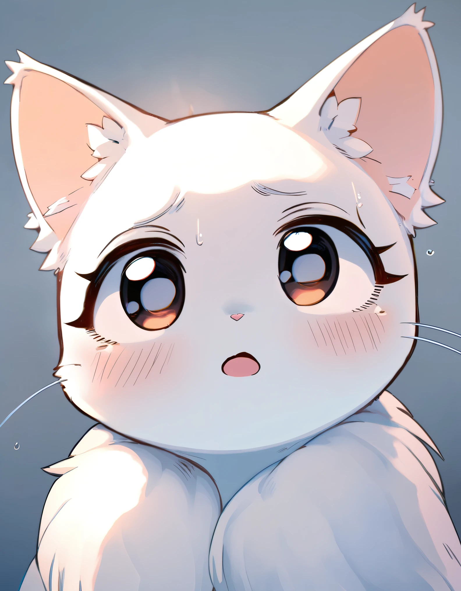 funny Image, face focus, portrait, best quality, super fine, 16k, cute girl is shocked, stops thinking, sweats coldly, and freezes her mouth like in a manga, white round eyes