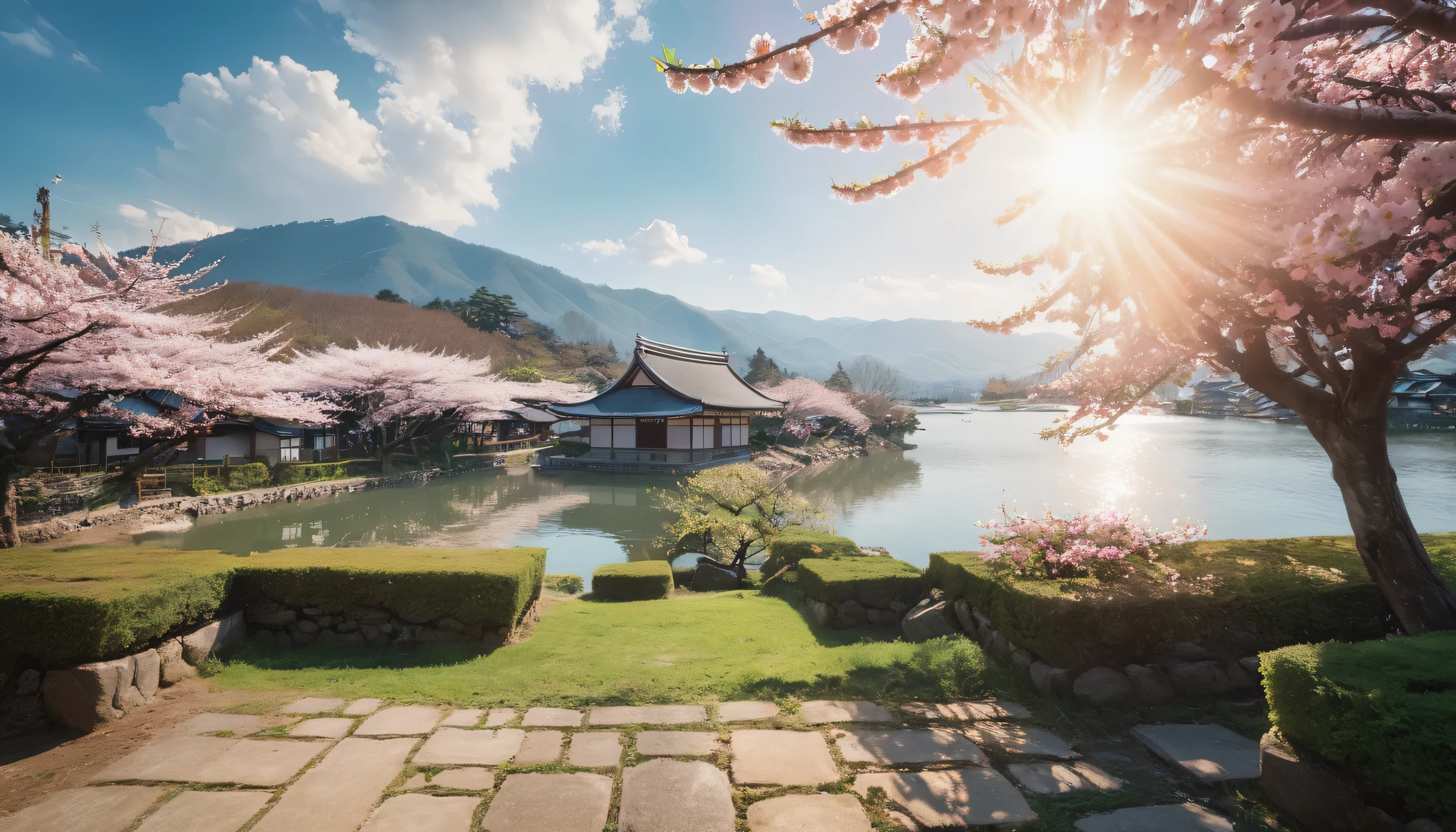garden,Kasuga,Sunlight,peach blossom,Surrealism, cinematic lighting, first-person view, Eye-Level Shot, Sony FE, UHD, masterpiece, high quality, high details, highres, best quality,Lake light,Distant houses