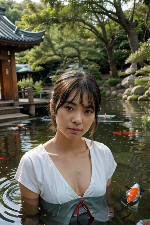 1girl, looking at the viewer, water, pond, lake, shrine, koi