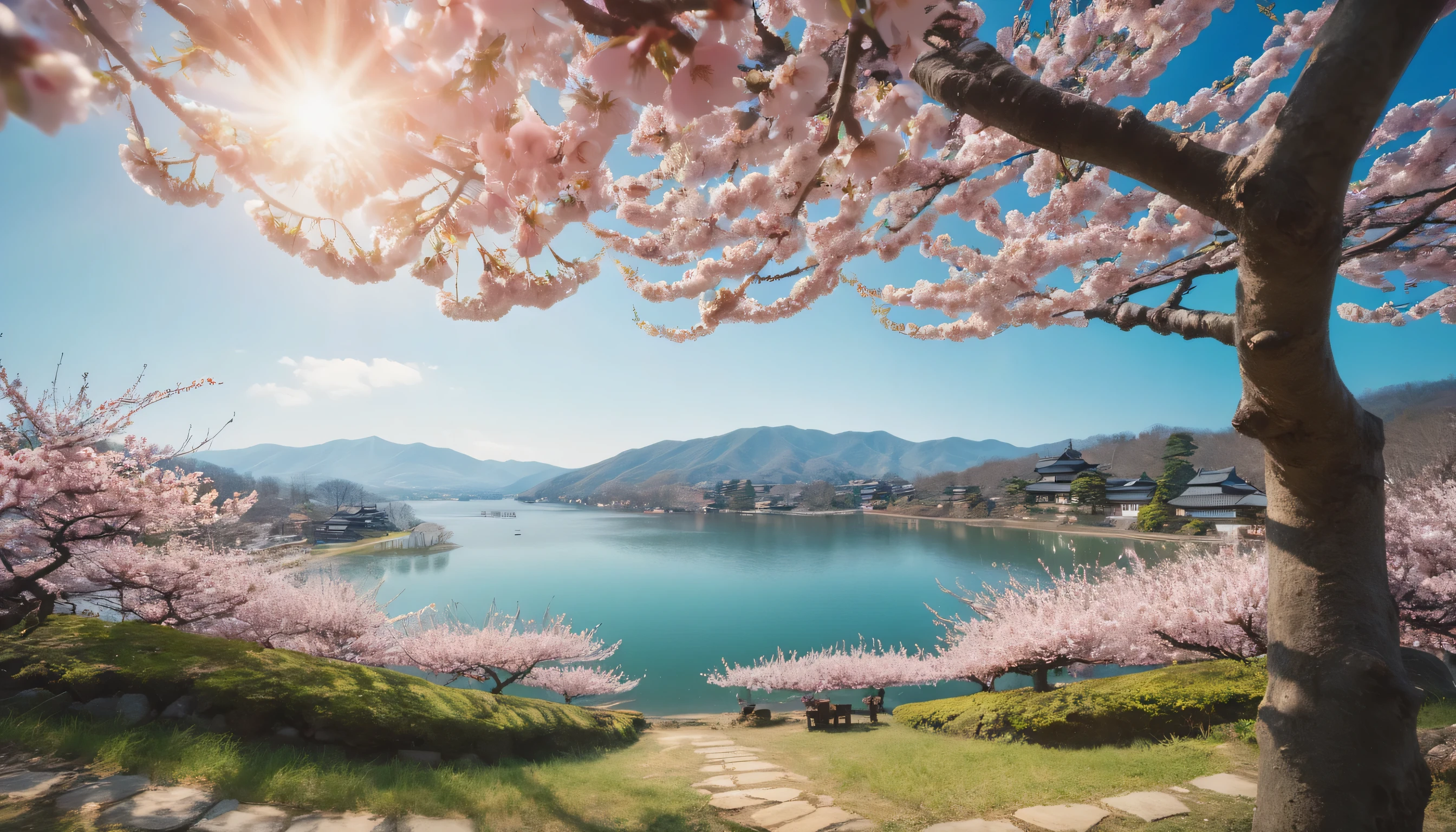 garden,Kasuga,Sunlight,peach blossom,Surrealism, cinematic lighting, first-person view, Eye-Level Shot, Sony FE, UHD, masterpiece, high quality, high details, highres, best quality,Lake light,Distant houses