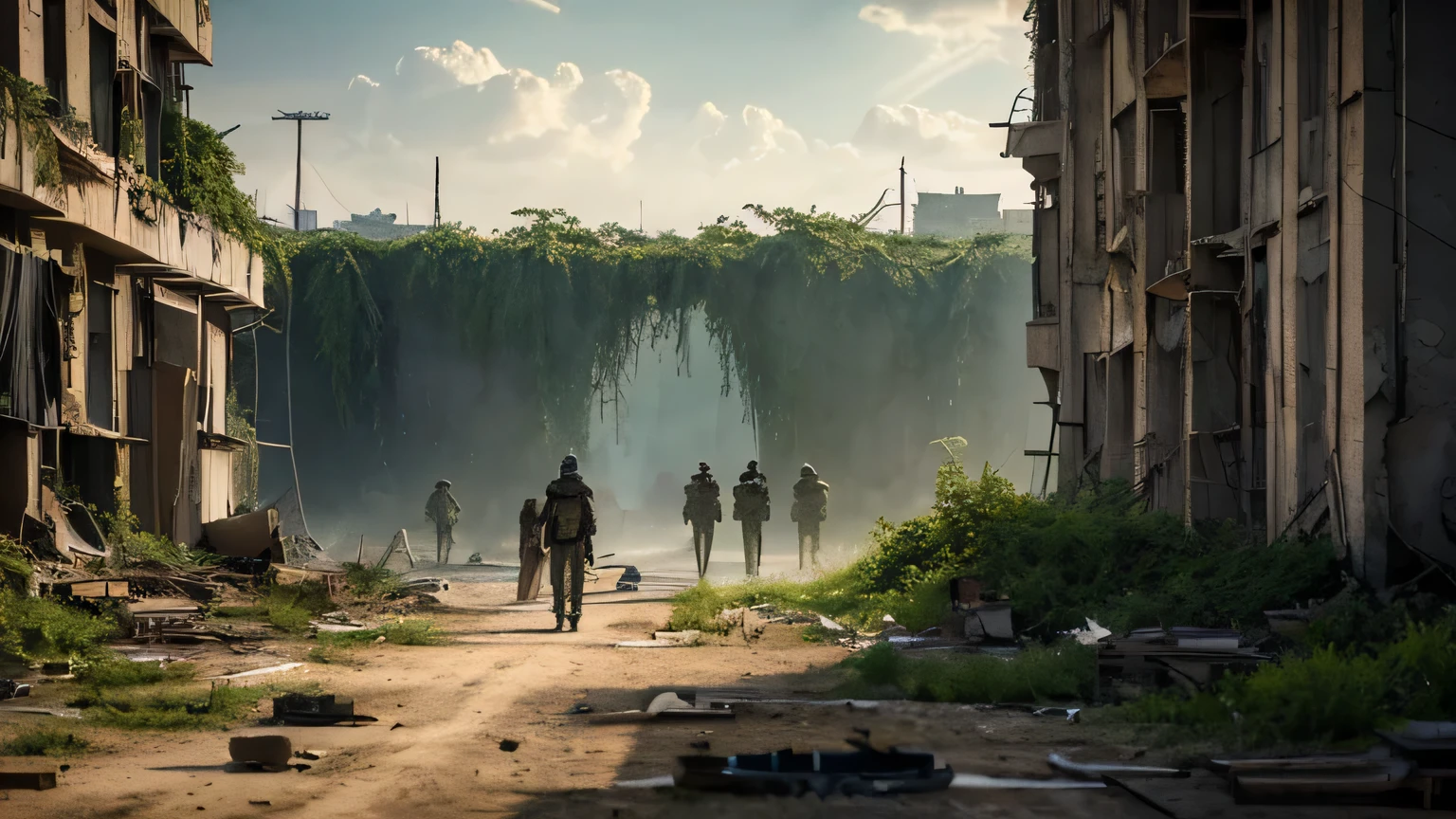 Un paysage futuriste post-apocalyptique : Describe an urban landscape devastated by war, overrun by nature with ruined buildings and plants growing through cracks in the concrete. Dans le ciel, des nuages toxiques obscurcissent le soleil, créant une atmosphère sombre et menaçante. Au premier plan, un groupe de survivants lutte pour leur survie, cherchant désespérément des ressources dans ce monde hostile.